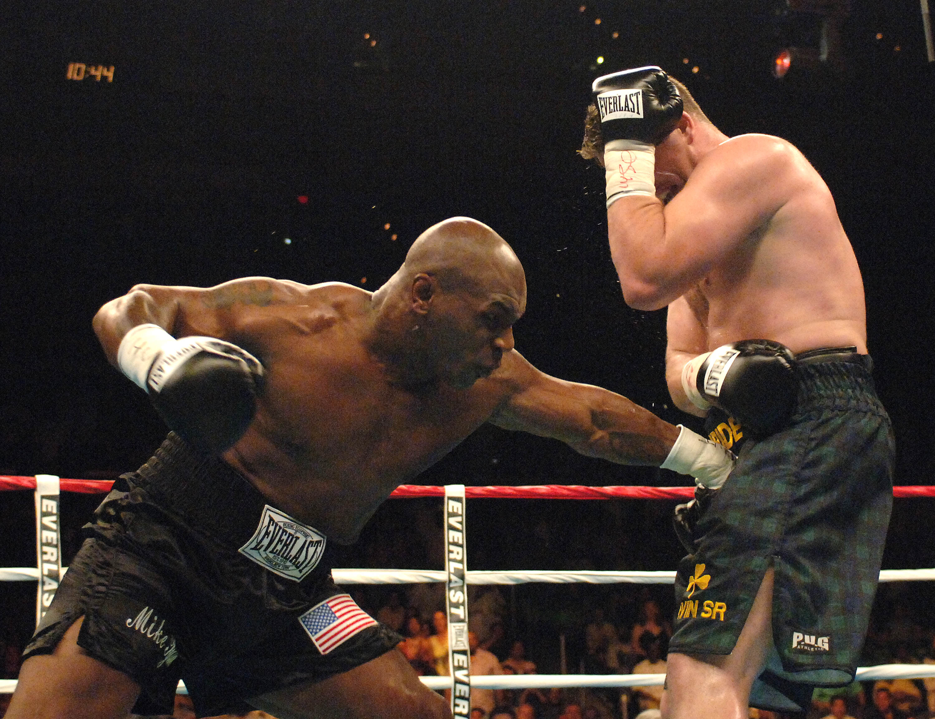 WASHINGTON - JUNE 11:  Mike Tyson connects to the groin area of Kevin McBride during their heavyweight bout at the MCI Center June 11, 2005 in Washington, DC. McBride won by TKO after Mike Tyson's corner stopped the fight at the end of the 6th round.  (Ph