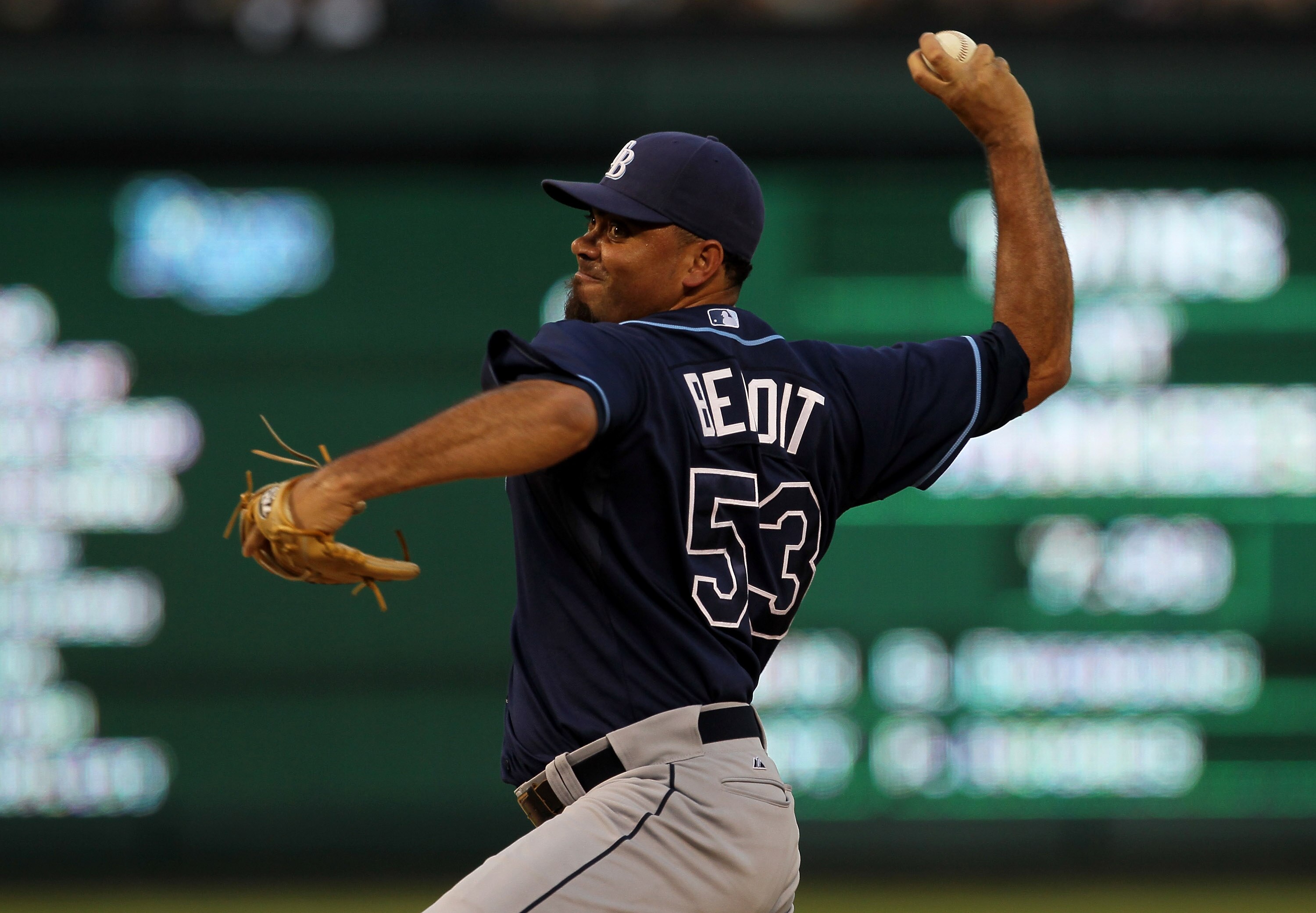 ARLINGTON, TX - OCTOBER 09:  Joaquin Benoit #53 of the Tampa Bay Rays throws a pitch against the Texas Rangers during game three of the ALDS at Rangers Ballpark in Arlington on October 9, 2010 in Arlington, Texas.  The Rays won 6-3.  (Photo by Stephen Dun