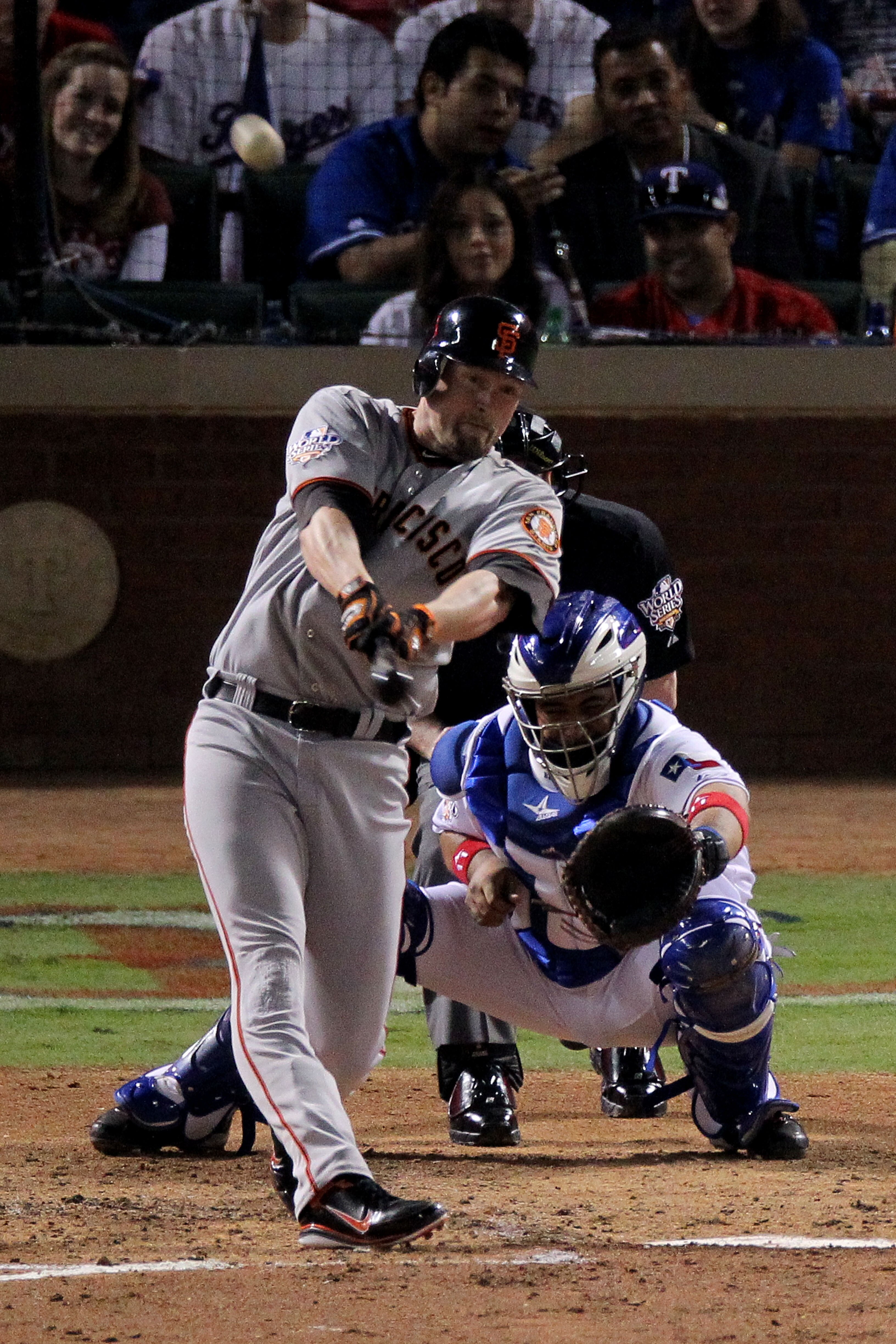 ARLINGTON, TX - OCTOBER 31:  Aubrey Huff #17 of the San Francisco Giants hits a 2-run home run against the Texas Rangers in the top of the third inning of Game Four of the 2010 MLB World Series at Rangers Ballpark in Arlington on October 31, 2010 in Arlin