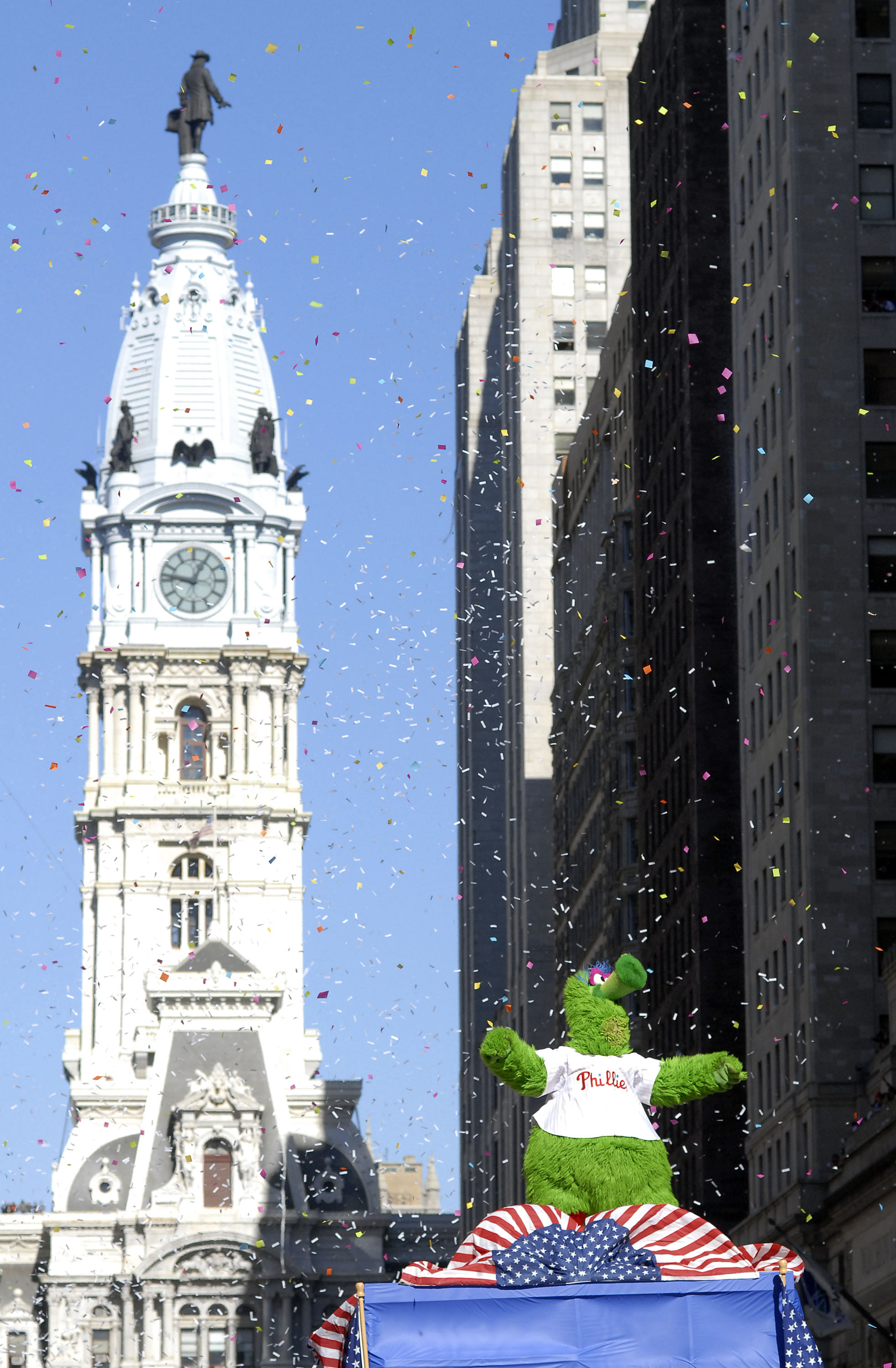 PHILADELPHIA, PA - OCTOBER 31: The Phillie Phanatic dances on a float in front of City Hall during the World Championship Parade October 31, 2008 in Philadelphia, Pennsylvania. The Phillies defeated the Tampa Bay Rays to win their first World Series in 28