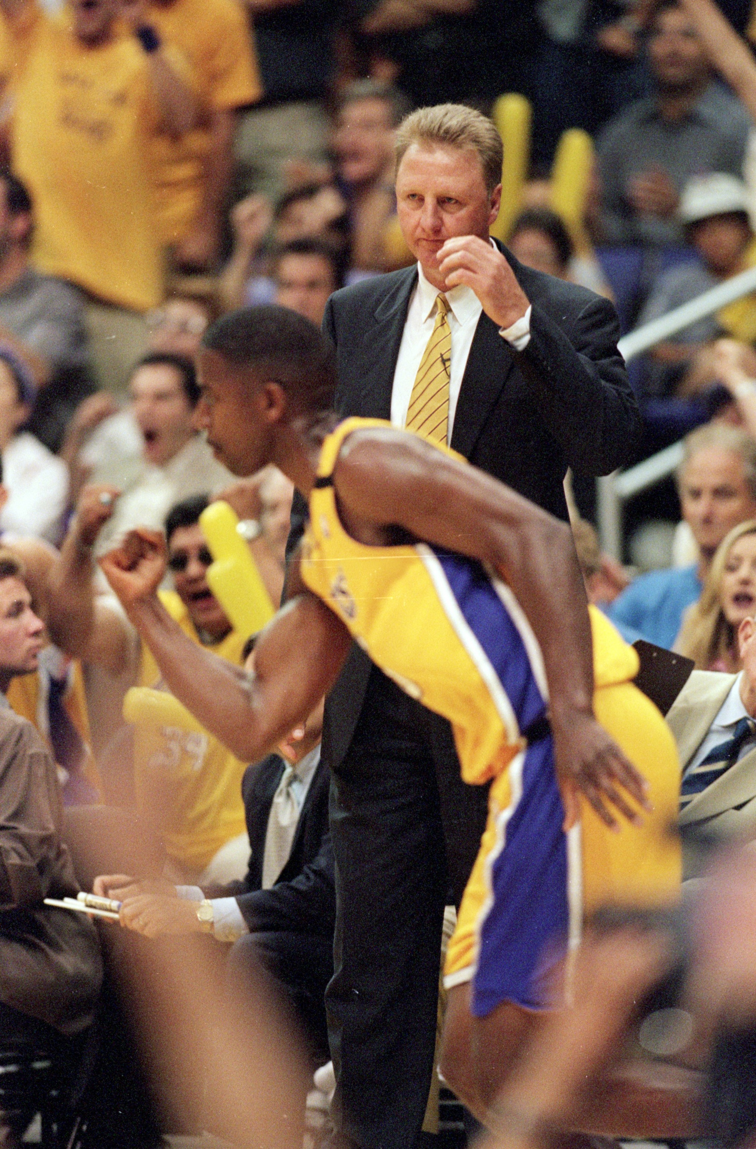 19 Jun 2000: Head Coach Larry Bird of the Indiana Pacers keeps his eye on A.C. Green #45 of the Los Angeles Lakers during the NBA Finals Game 6 at the Staples Center in Los Angeles, California. The Lakers defeated the Pacers in 116-111. NOTE TO USER 19 Jun 2000: Head Coach Larry Bird of the Indiana Pacers keeps his eye on A.C. Green #45 of the Los Angeles Lakers during the NBA Finals Game 6 at the Staples Center in Los Angeles, California. The Lakers defeated the Pacers in 116-111. NOTE TO USER