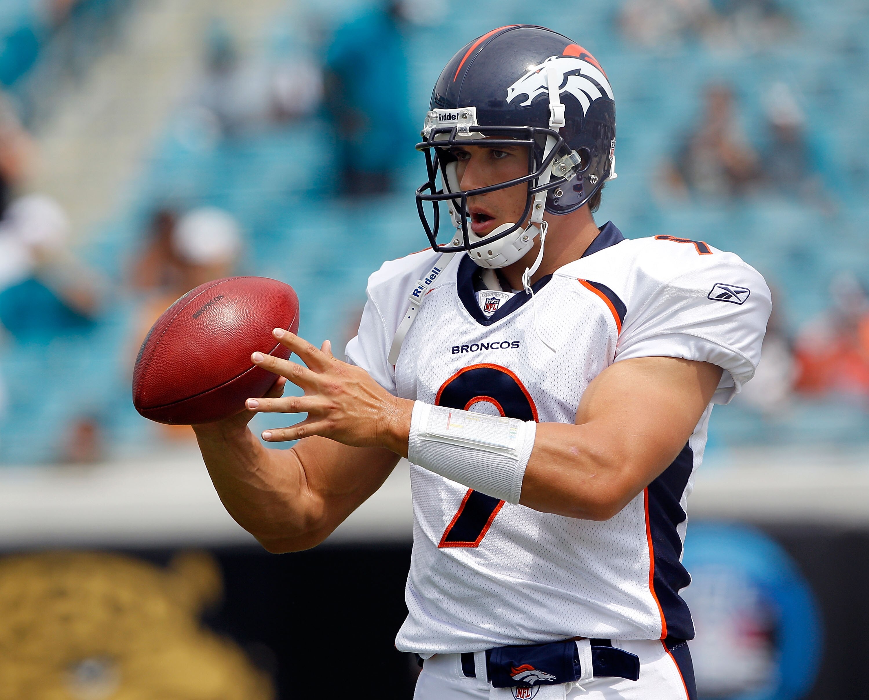 JACKSONVILLE, FL - SEPTEMBER 12:  Quarterback Brady Quinn #9 of the Denver Broncos practices prior to the NFL season opening game against the Jacksonville Jaguars at EverBank Field on September 12, 2010 in Jacksonville, Florida.  (Photo by Sam Greenwood/G