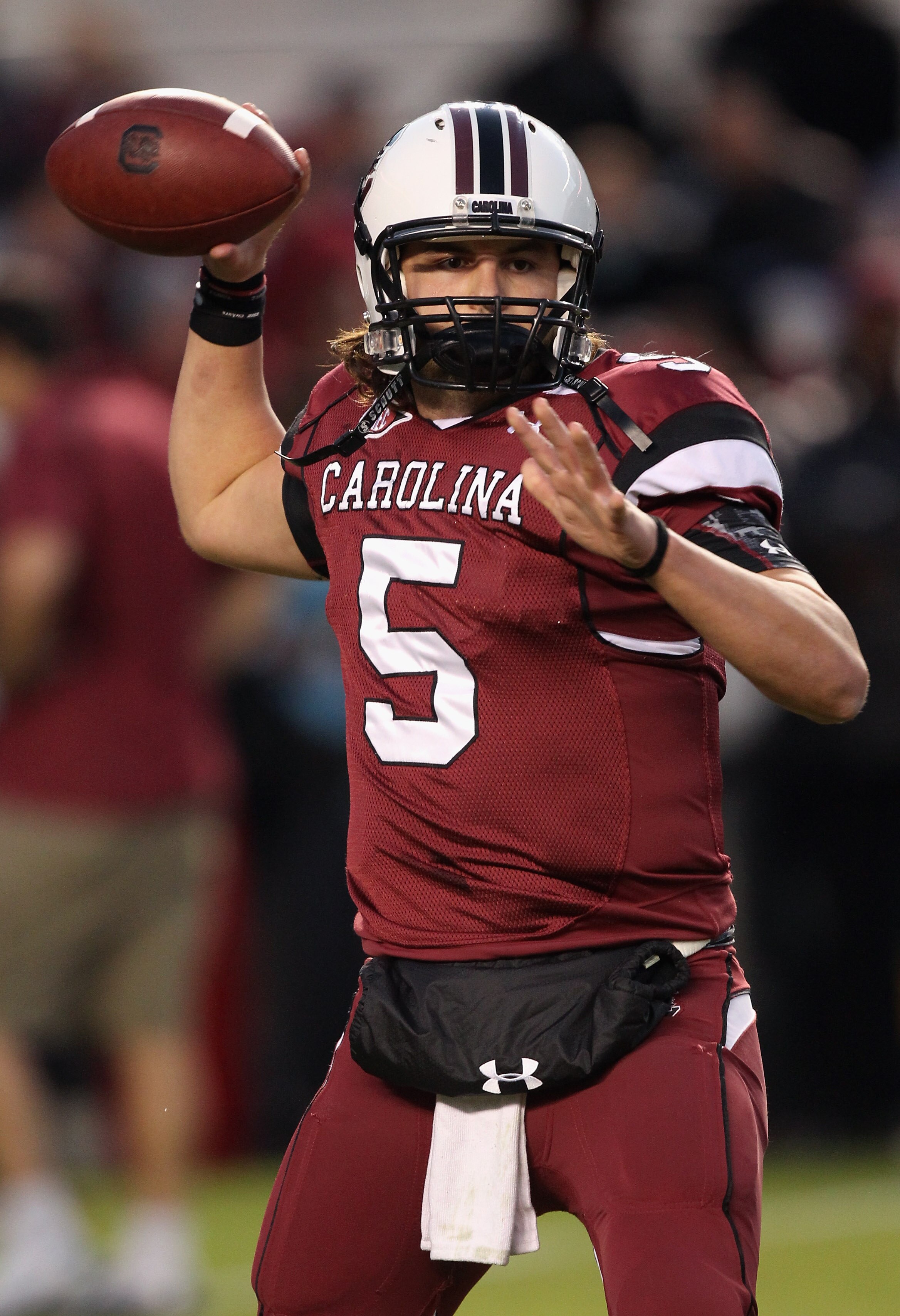 COLUMBIA, SC - NOVEMBER 06:  Stephen Garcia #5 of the South Carolina Gamecocks during warm ups before the start of their game against the Arkansas Razorbacks at Williams-Brice Stadium on November 6, 2010 in Columbia, South Carolina.  (Photo by Streeter Le