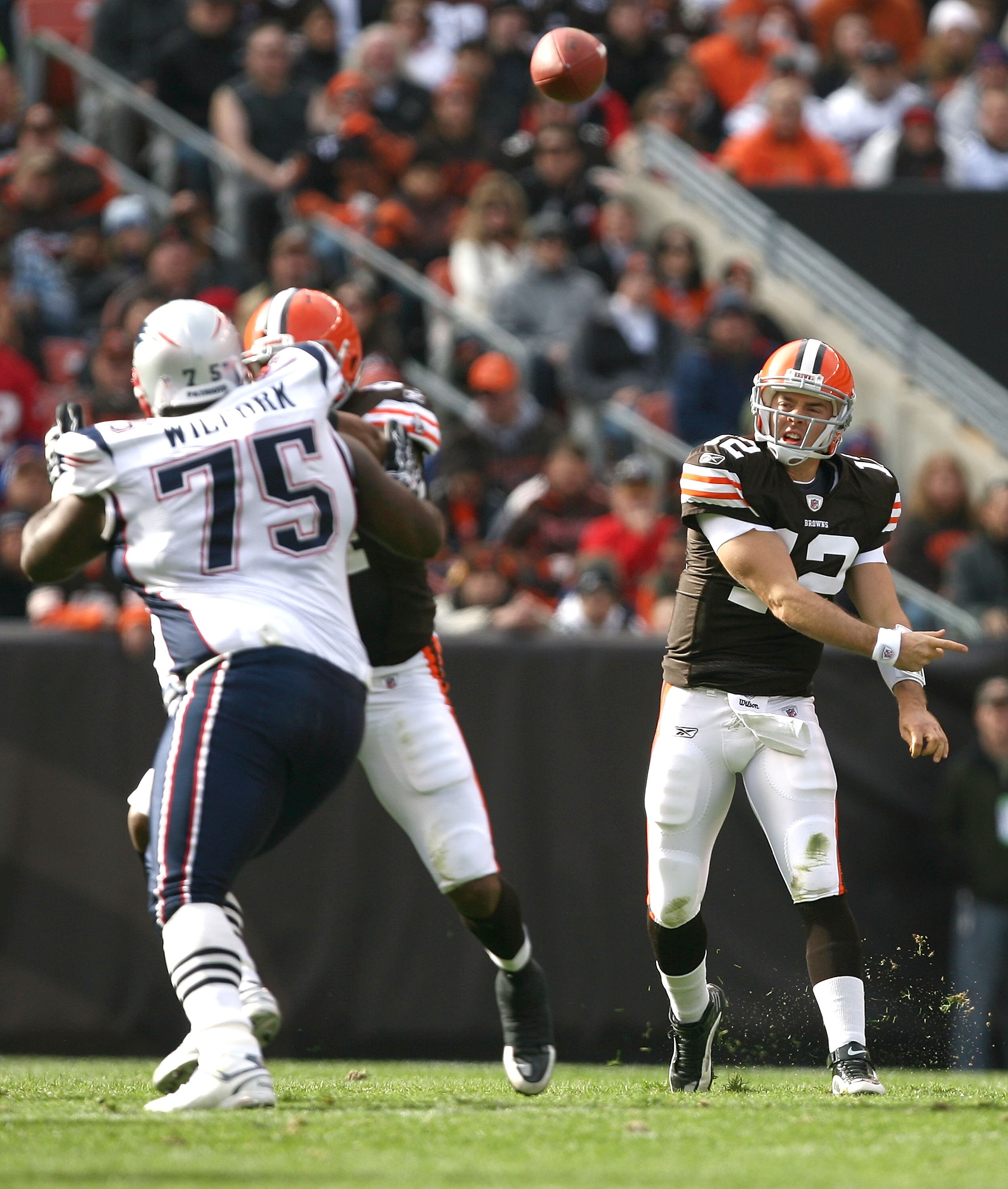 CLEVELAND - NOVEMBER 07: Quarterback Colt McCoy #12 of the Cleveland Browns throws to a receiver against the New England Patriots at Cleveland Browns Stadium on November 7, 2010 in Cleveland, Ohio. (Photo by Matt Sullivan/Getty Images) CLEVELAND - NOVEMBER 07: Quarterback Colt McCoy #12 of the Cleveland Browns throws to a receiver against the New England Patriots at Cleveland Browns Stadium on November 7, 2010 in Cleveland, Ohio. (Photo by Matt Sullivan/Getty Images)