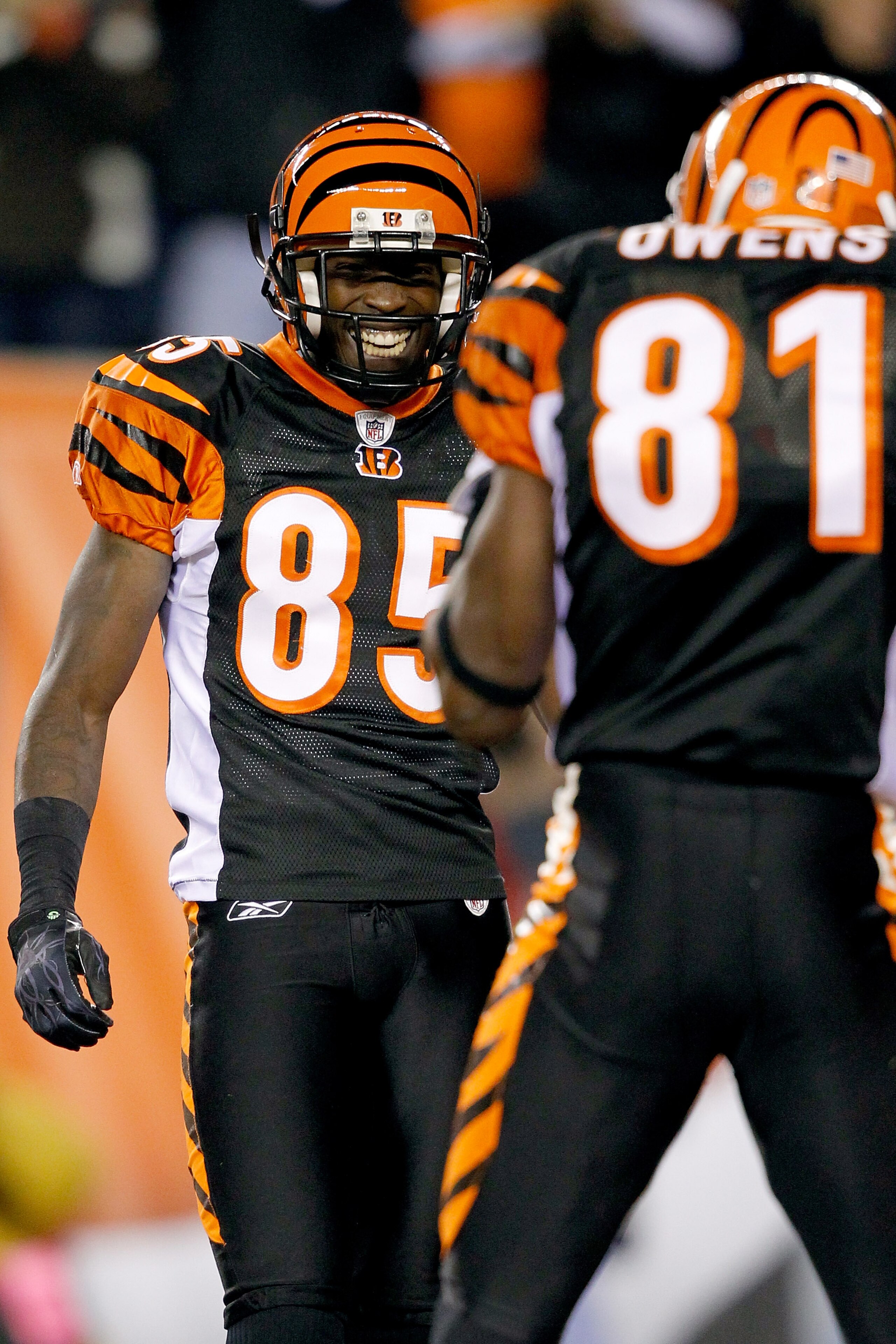 CINCINNATI - NOVEMBER 08: Chad Ochocinco #85 and Terrell Owens #81 of the Cincinnati Bengals is celebrate Owens touchdown against the Pittsburgh Steelers at Paul Brown Stadium on November 8, 2010 in Cincinnati, Ohio. (Photo by Matthew Stockman/Getty Imag CINCINNATI - NOVEMBER 08: Chad Ochocinco #85 and Terrell Owens #81 of the Cincinnati Bengals is celebrate Owens touchdown against the Pittsburgh Steelers at Paul Brown Stadium on November 8, 2010 in Cincinnati, Ohio. (Photo by Matthew Stockman/Getty Imag