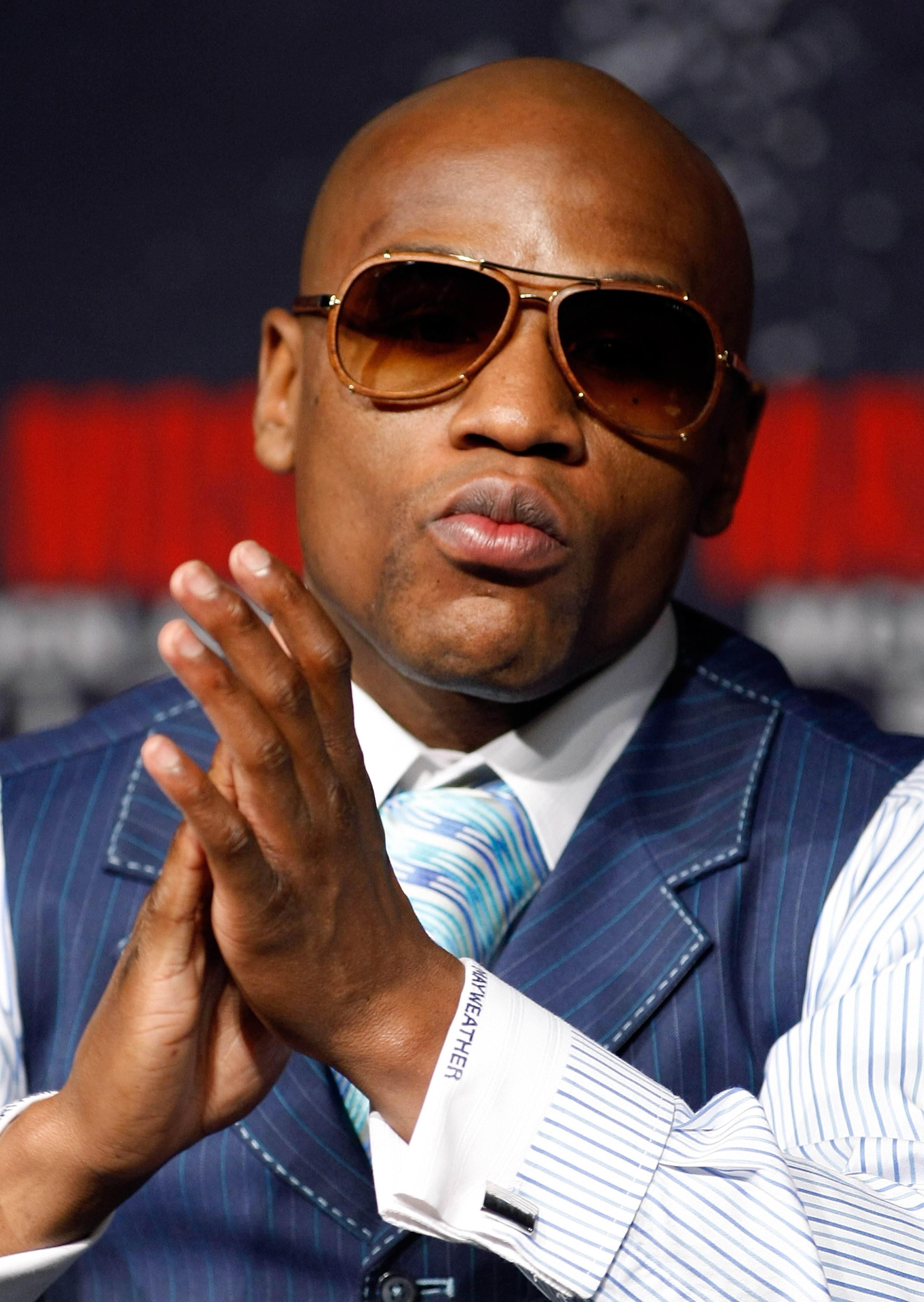 LAS VEGAS - APRIL 28:  Boxer Floyd Mayweather Jr. appears during the final news conference for his bout against Shane Mosley at the MGM Grand Hotel/Casino April 28, 2010 in Las Vegas, Nevada. Mayweather and Mosley will meet in a 12-round welterweight bout