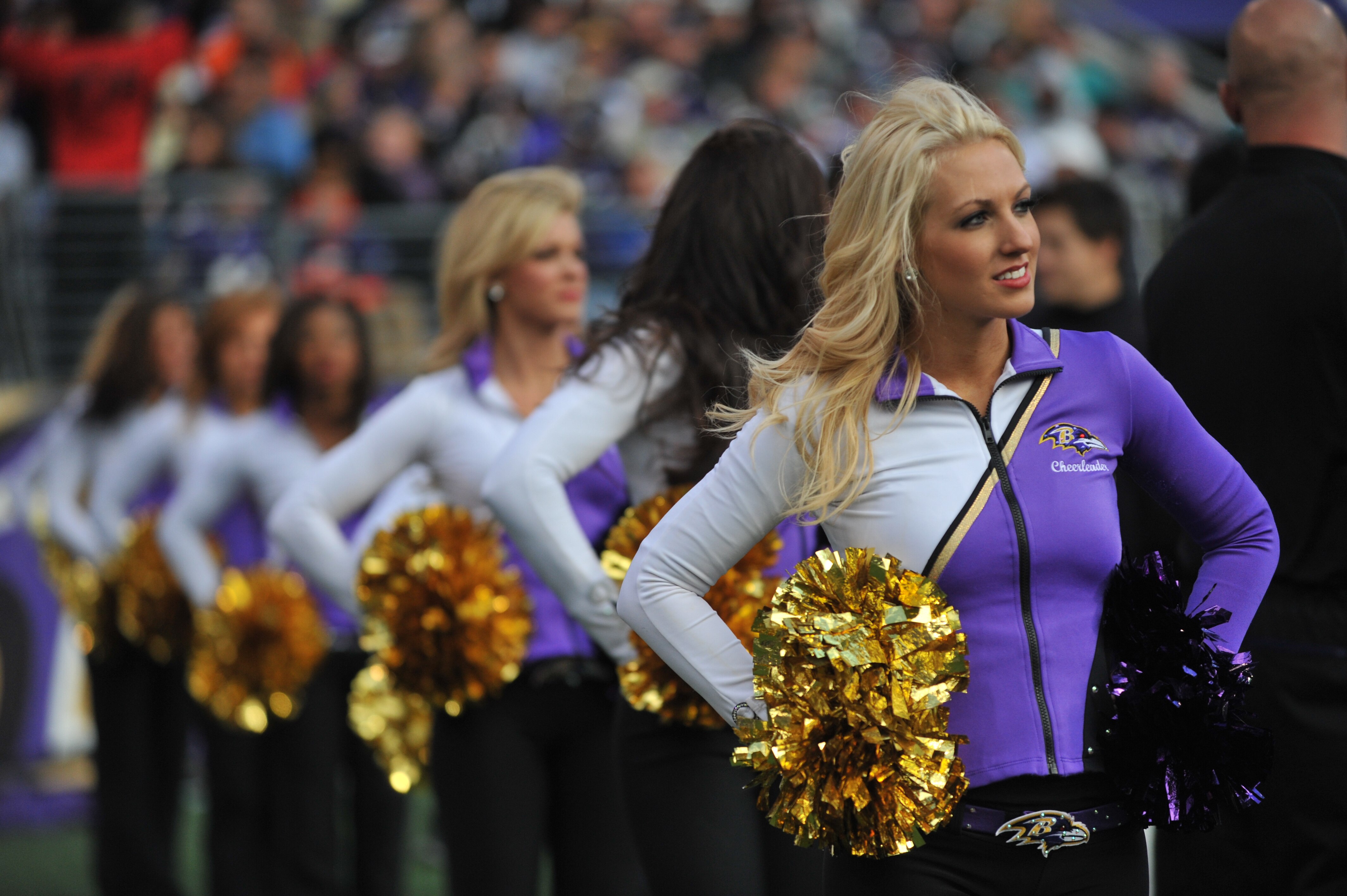 BALTIMORE, MD - NOVEMBER 7:  Cheerleaders for the Baltimore Ravens cheer against the Miami Dolphins at M&T Bank Stadium on November 7, 2010 in Baltimore, Maryland. The Ravens defeated the Dolphins 26-10. (Photo by Larry French/Getty Images)