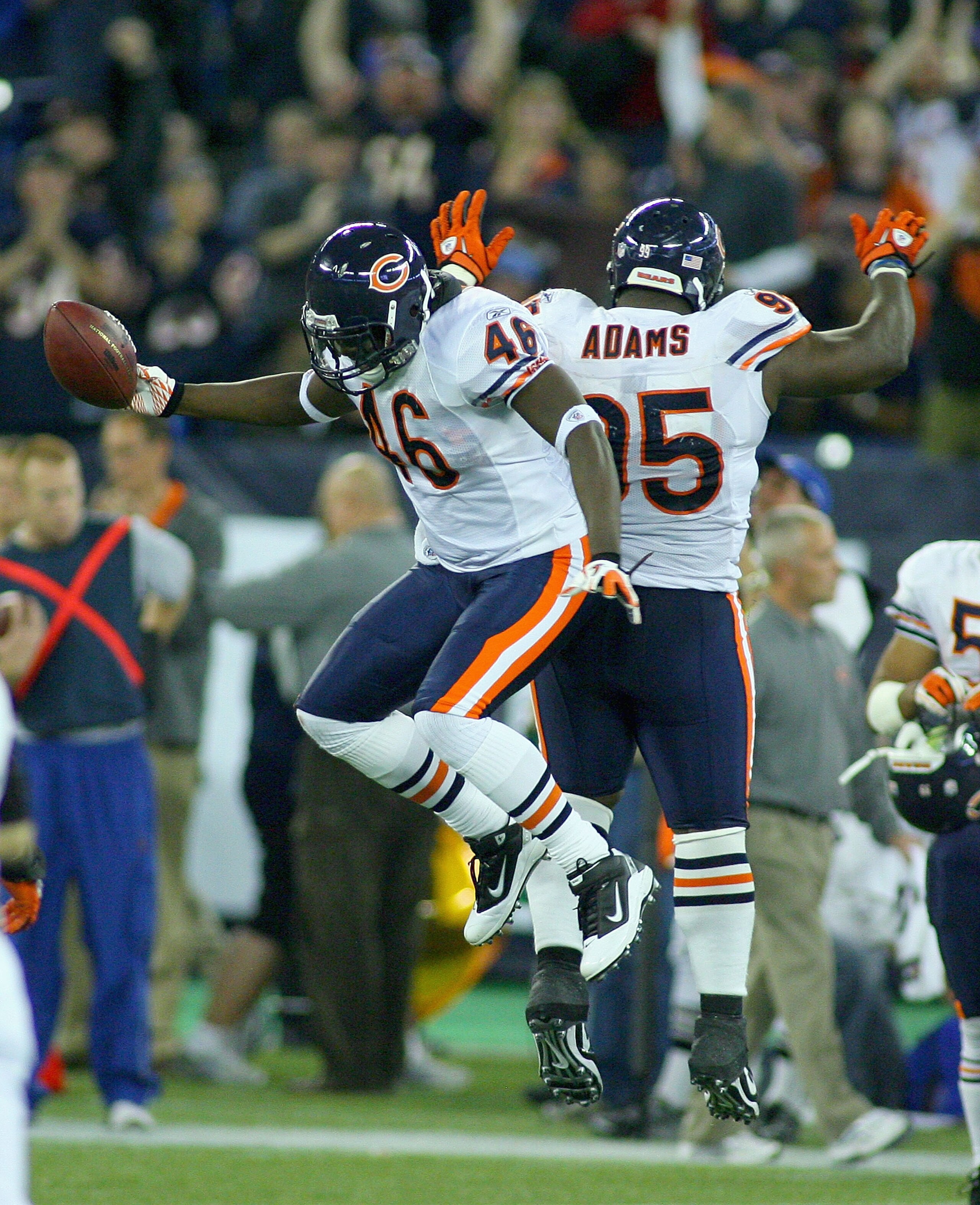 TORONTO, ON - NOVEMBER 07: Chris Harris #46 and Anthony Adams #95  of the Chicago Bears celebrate Harris's interception with 27 seconds left against the Buffalo Bills  at Rogers Centre on November 7, 2010 in Toronto, Canada. Chicago won 22-19. (Photo by R