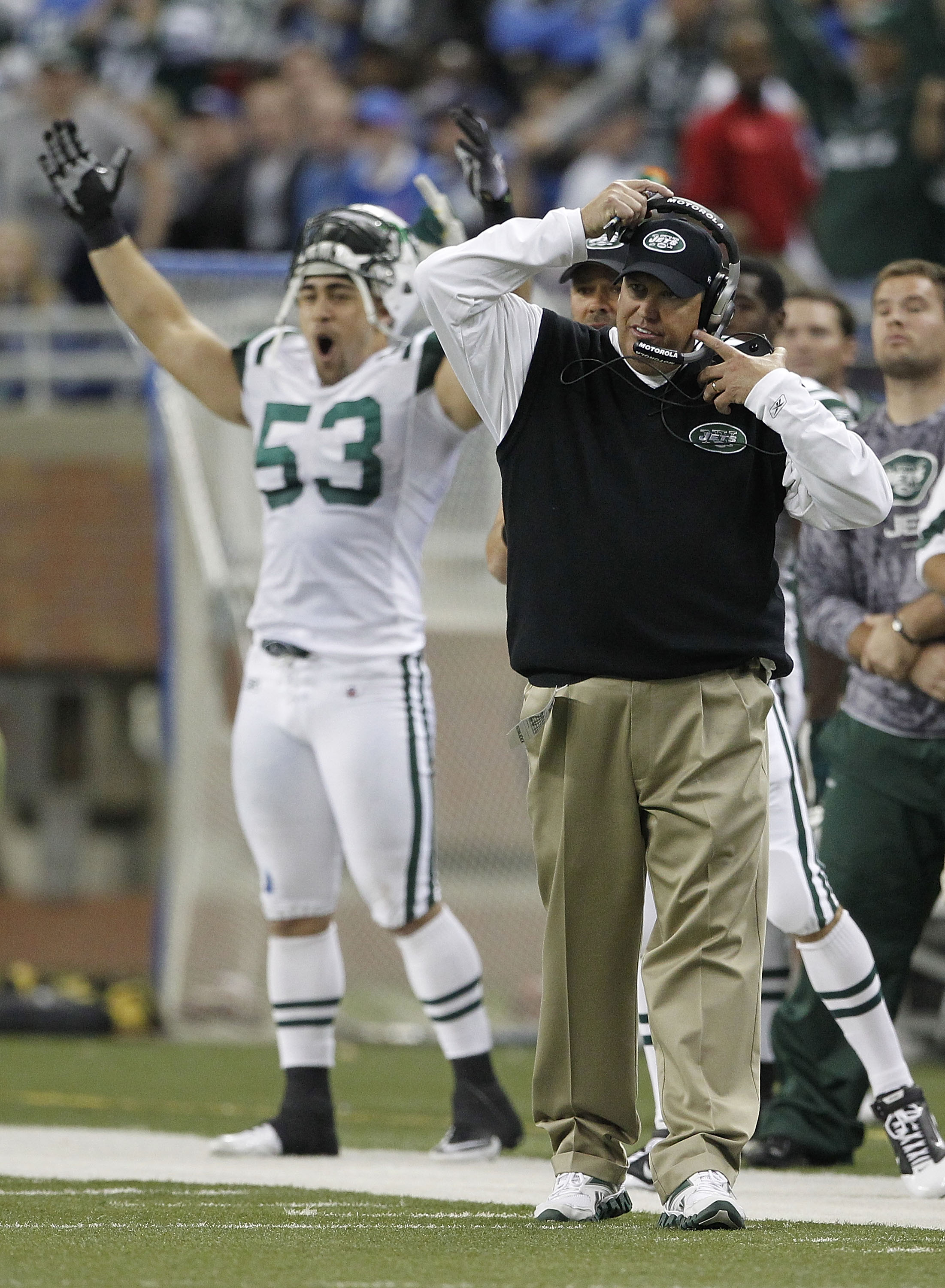 DETROIT - NOVEMBER 07: Head coach Rex Ryan and Josh Mauga #53 of the New York Jets celebrate a 23-20 ovetime win over the Detroit Lions at Ford Field on November 7, 2010 in Detroit, Michigan. The Jets defeated the Lions 23-20 in overtime.  (Photo by Leon