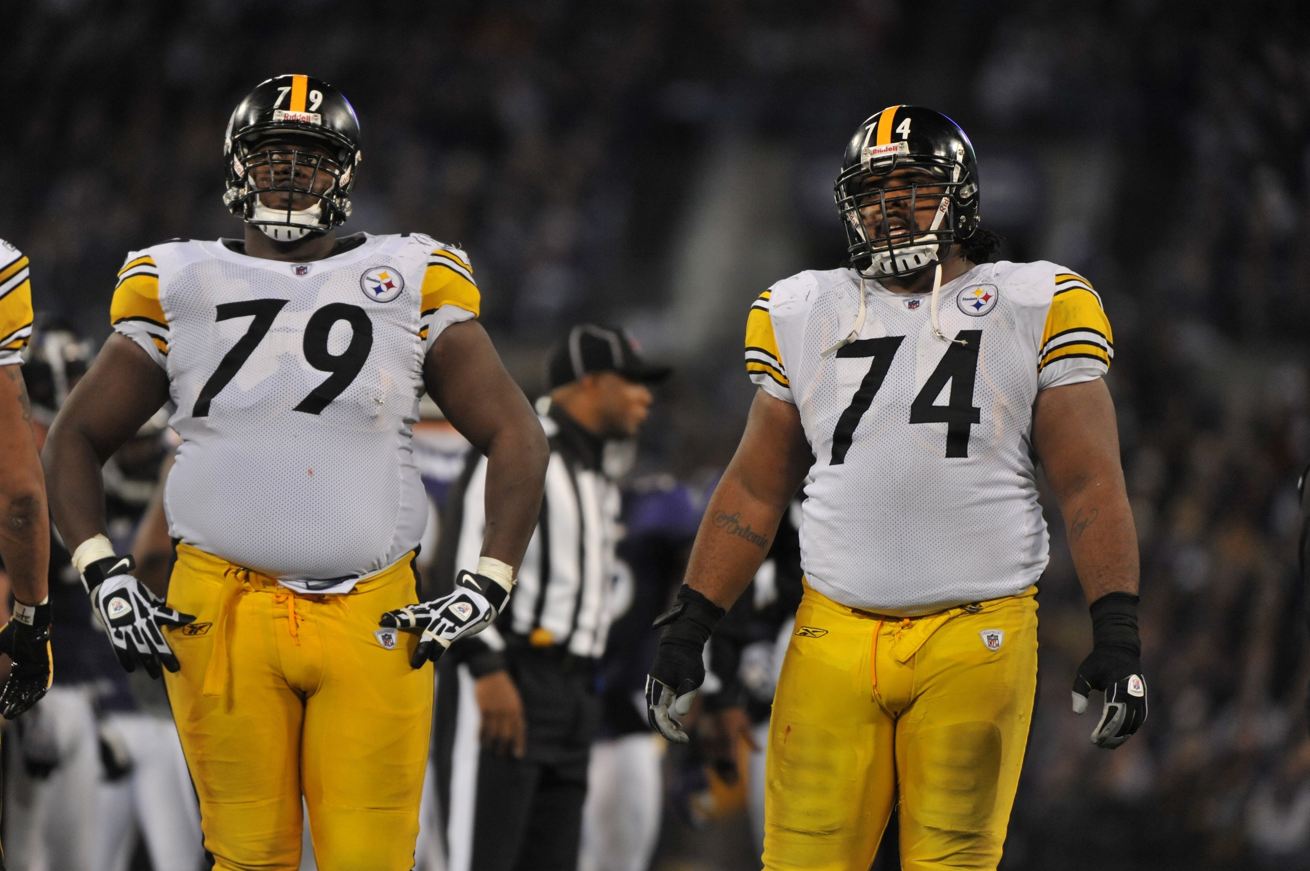 BALTIMORE - NOVEMBER 29:  Trai Essex #79 of the Pittsburgh Steelers pauses during a time out during the game against the  Baltimore Ravens at M&T Bank Stadium on November 29, 2009 in Baltimore, Maryland. The Ravens defeated the Steelers 20-17. (Photo by L