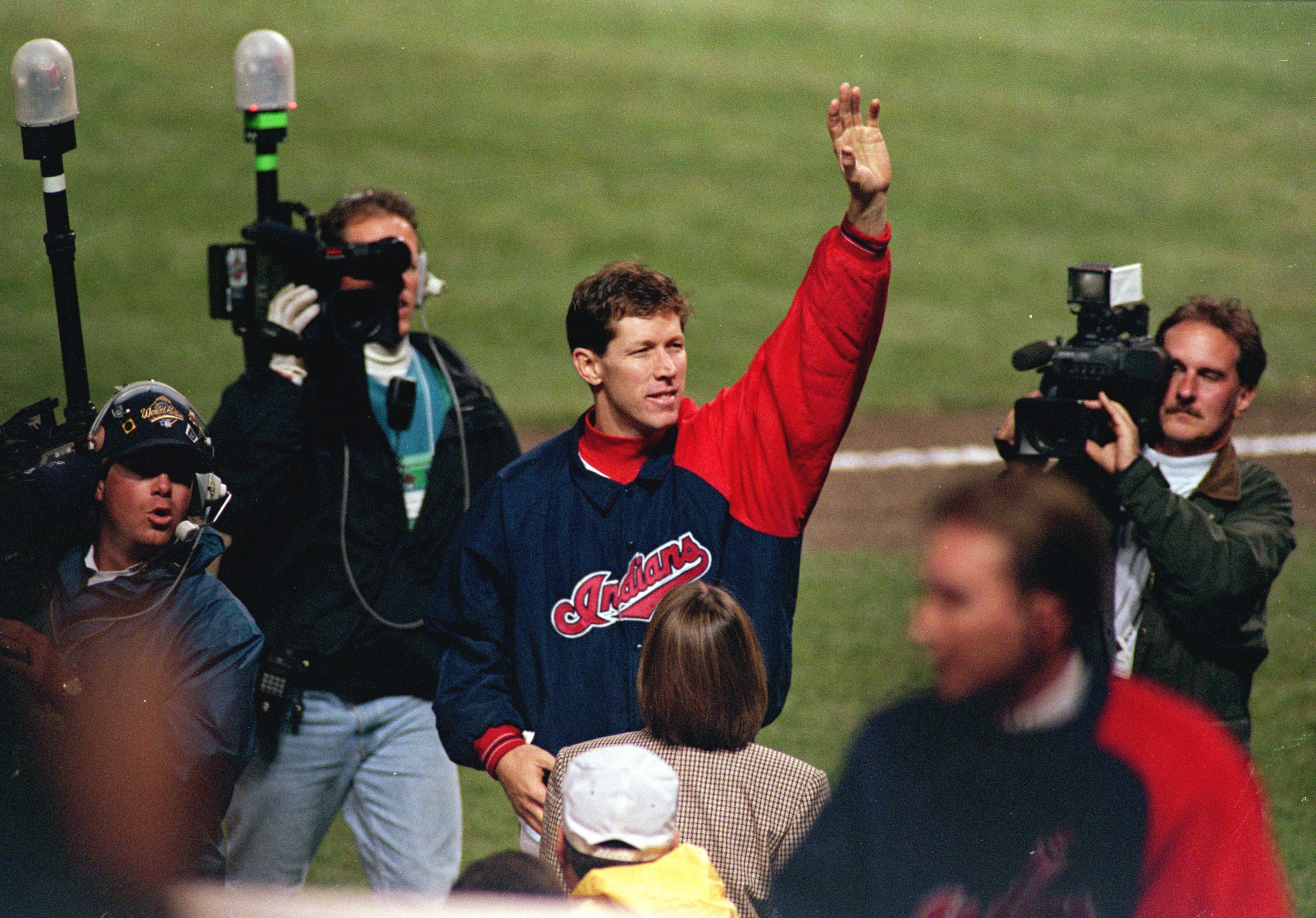 26 Oct 1995:  Orel Hershiser of the Cleveland Indians celebrates after  game five of the World Series against the Atlanta Braves at Jacob's Field in Cleveland, Ohio. The Indians defeated the Braves 5-4. Mandatory Credit: Jamie Squire  /Allsport