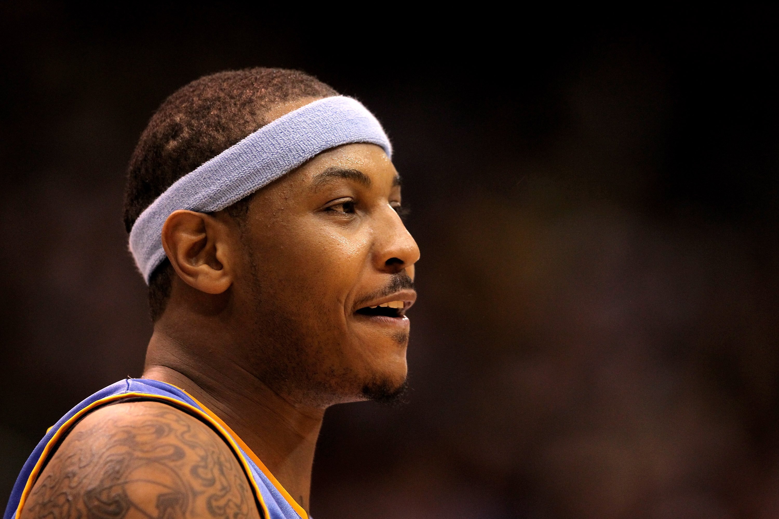 SALT LAKE CITY - APRIL 30:  Carmelo Anthony #15 of the Denver Nuggets stands on the court during their game against the Utah Jazz in Game Six of the Western Conference Quarterfinals of the 2010 NBA Playoffs at EnergySolutions Arena on April 30, 2010 in Sa