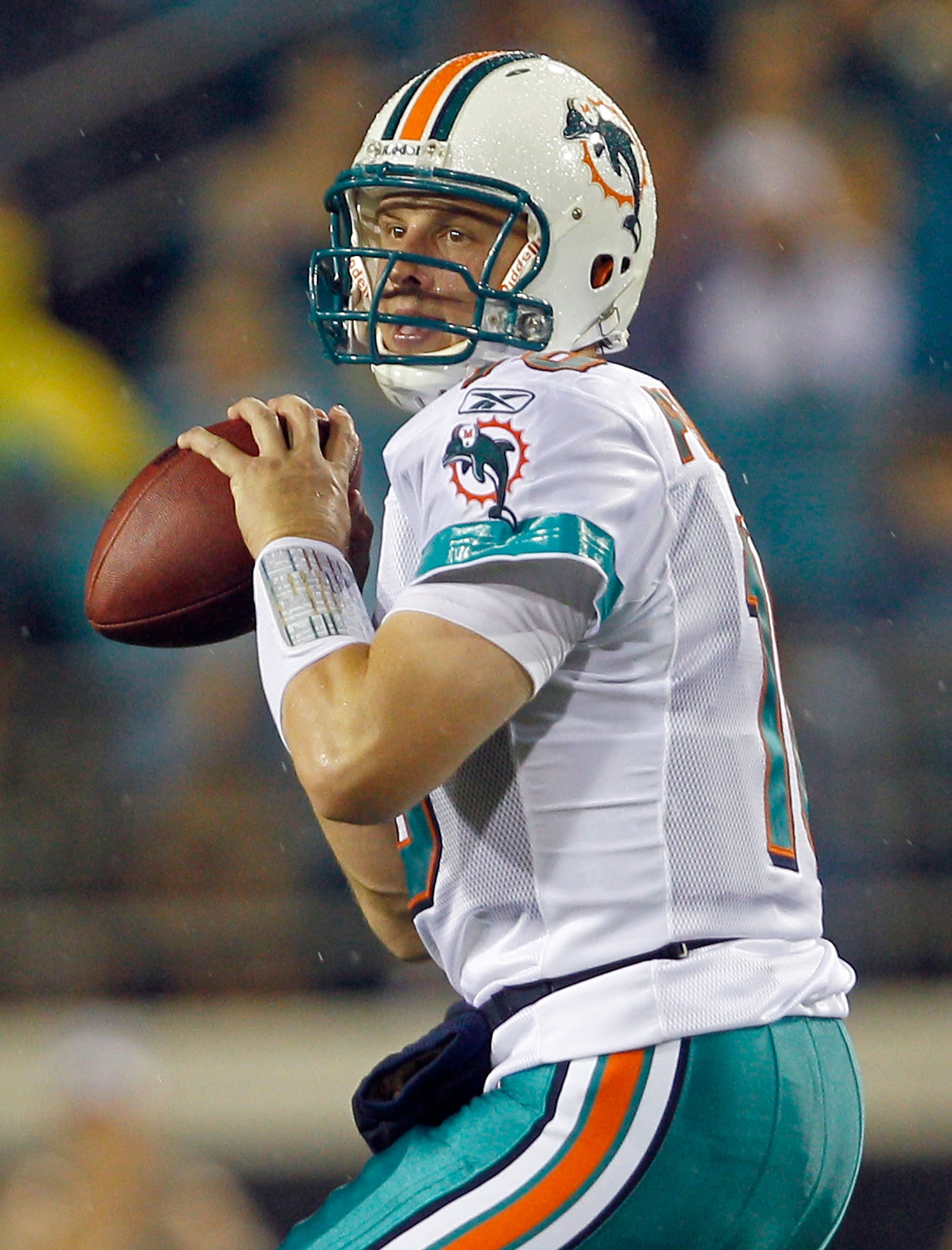 JACKSONVILLE, FL - AUGUST 21: Quarterback Chad Pennington #10 of the Miami Dolphins attempts a pass during the preseason game against the Jacksonville Jaguars at EverBank Field on August 21, 2010 in Jacksonville, Florida. (Photo by Sam Greenwood/Getty I JACKSONVILLE, FL - AUGUST 21: Quarterback Chad Pennington #10 of the Miami Dolphins attempts a pass during the preseason game against the Jacksonville Jaguars at EverBank Field on August 21, 2010 in Jacksonville, Florida. (Photo by Sam Greenwood/Getty I