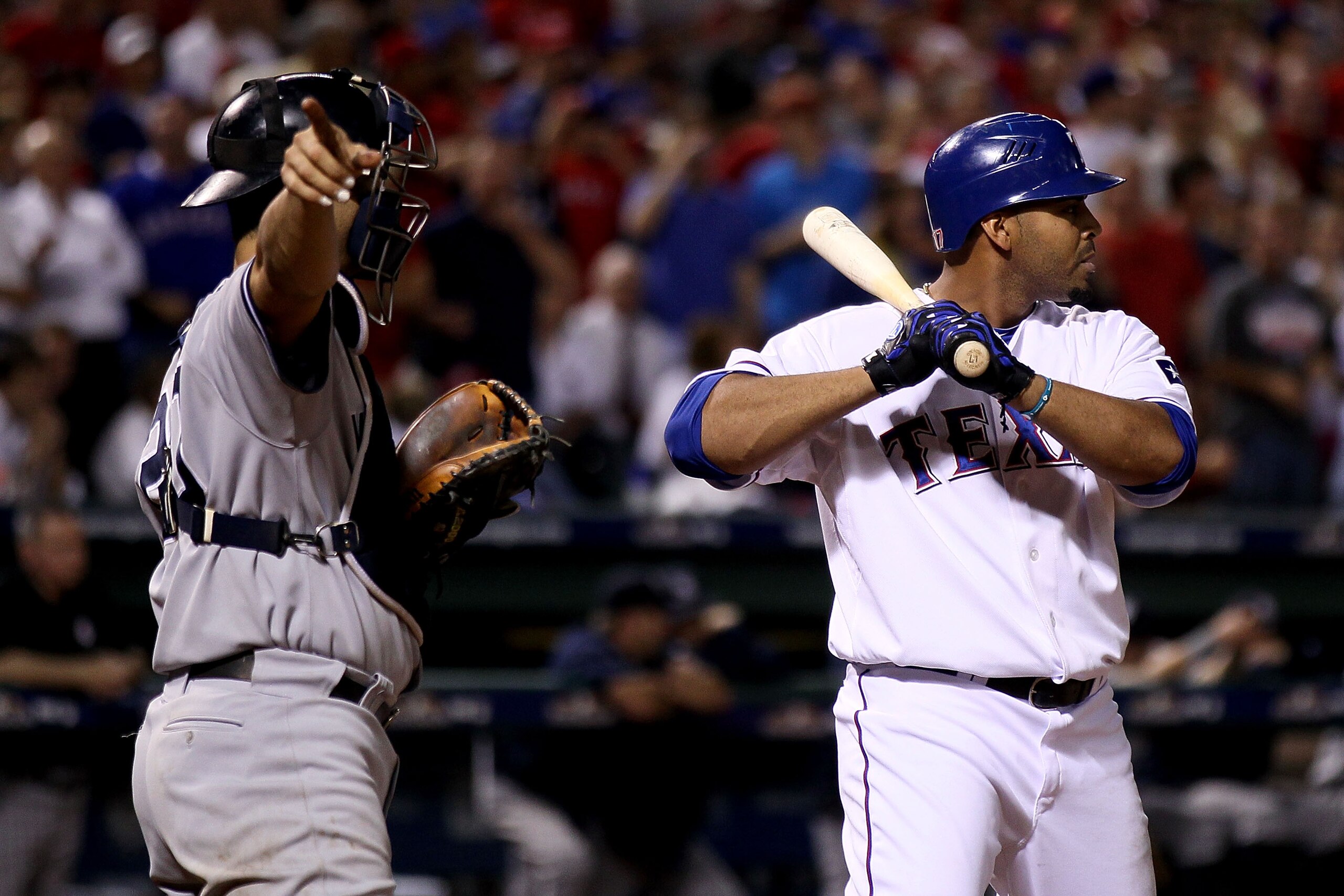 ARLINGTON, TX - OCTOBER 22:  Nelson Cruz #17 of the Texas Rangers is intentionally walked by catcher Jorge Posada #20 of the New York Yankees in Game Six of the ALCS during the 2010 MLB Playoffs at Rangers Ballpark in Arlington on October 22, 2010 in Arli
