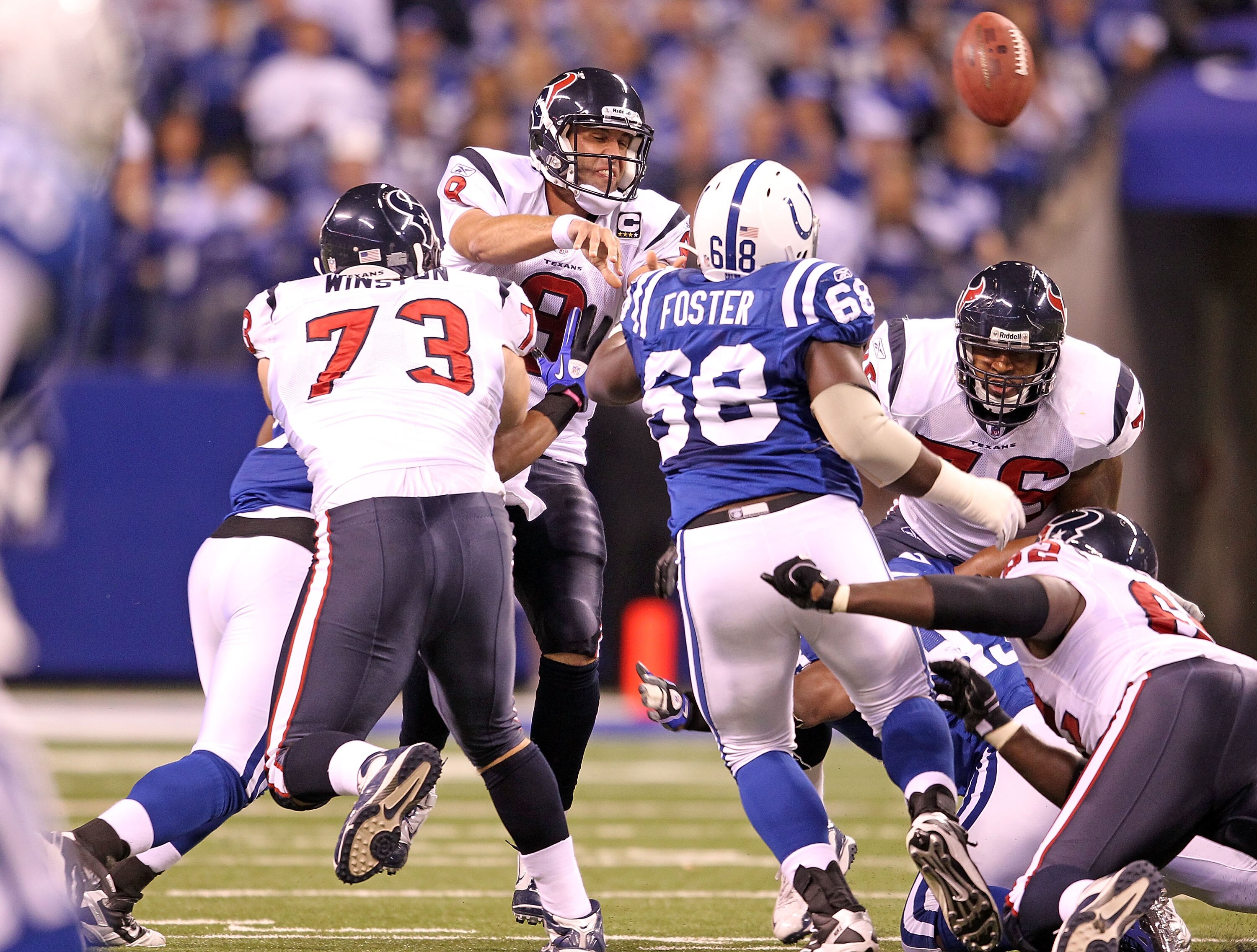 INDIANAPOLIS - NOVEMBER 01:  Matt Schaub #8 of Houston Texans is hit as he throws a pass during the NFL game against the Indianapolis Colts at Lucas Oil Stadium on November 1, 2010 in Indianapolis, Indiana.  (Photo by Andy Lyons/Getty Images)