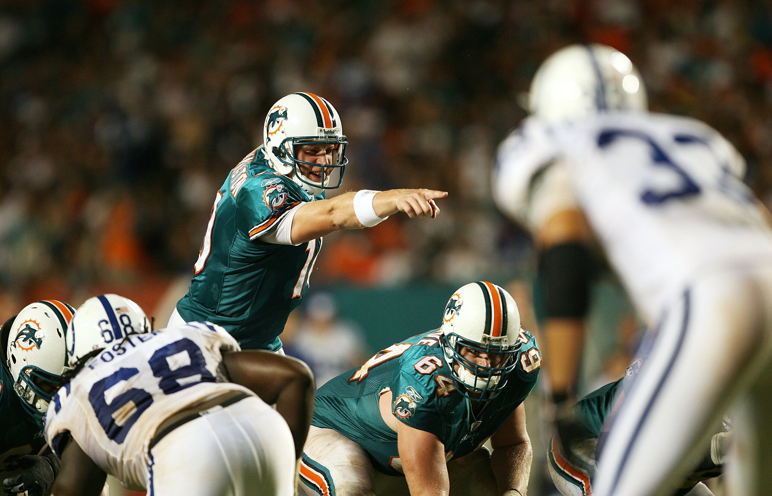 MIAMI - SEPTEMBER 21:  Quarterback Chad Pennington #10 of the Miami Dolphins points out an assignment against the Indianapolis Colts at Land Shark Stadium on September 21, 2009 in Miami, Florida. The Colts defeated the Dolphins 27-23.  (Photo by Doug Benc