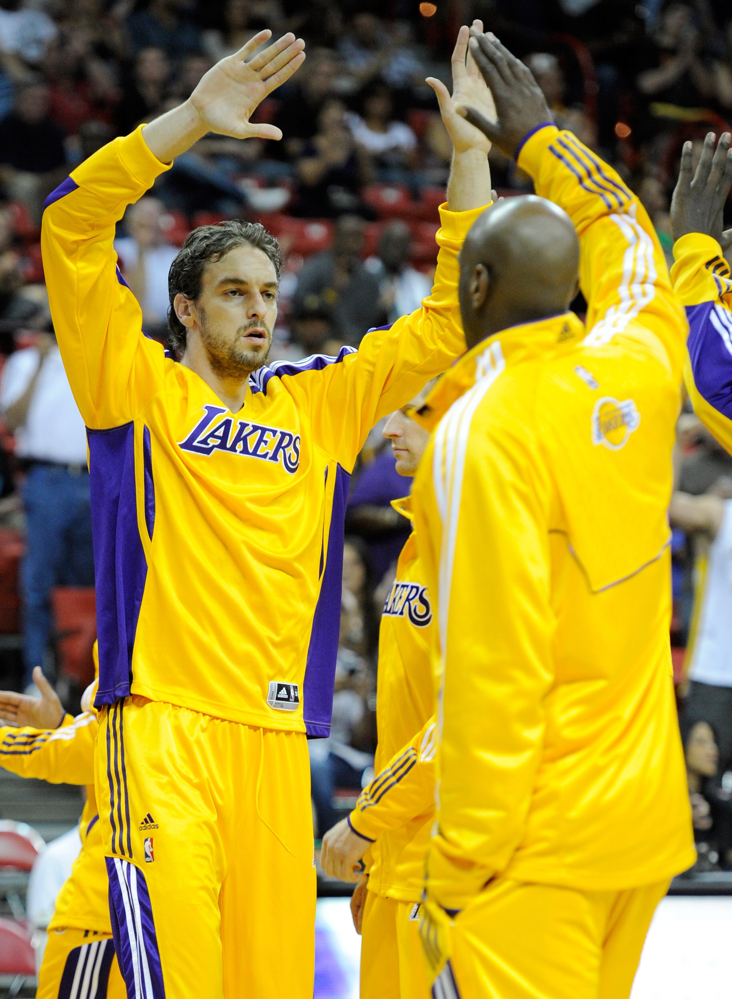 LAS VEGAS - OCTOBER 13:  Pau Gasol #16 of the Los Angeles Lakers is introduced before a preseason game against the Sacramento Kings at the Thomas & Mack Center October 13, 2010 in Las Vegas, Nevada. The Lakers won 98-95. NOTE TO USER: User expressly ackno