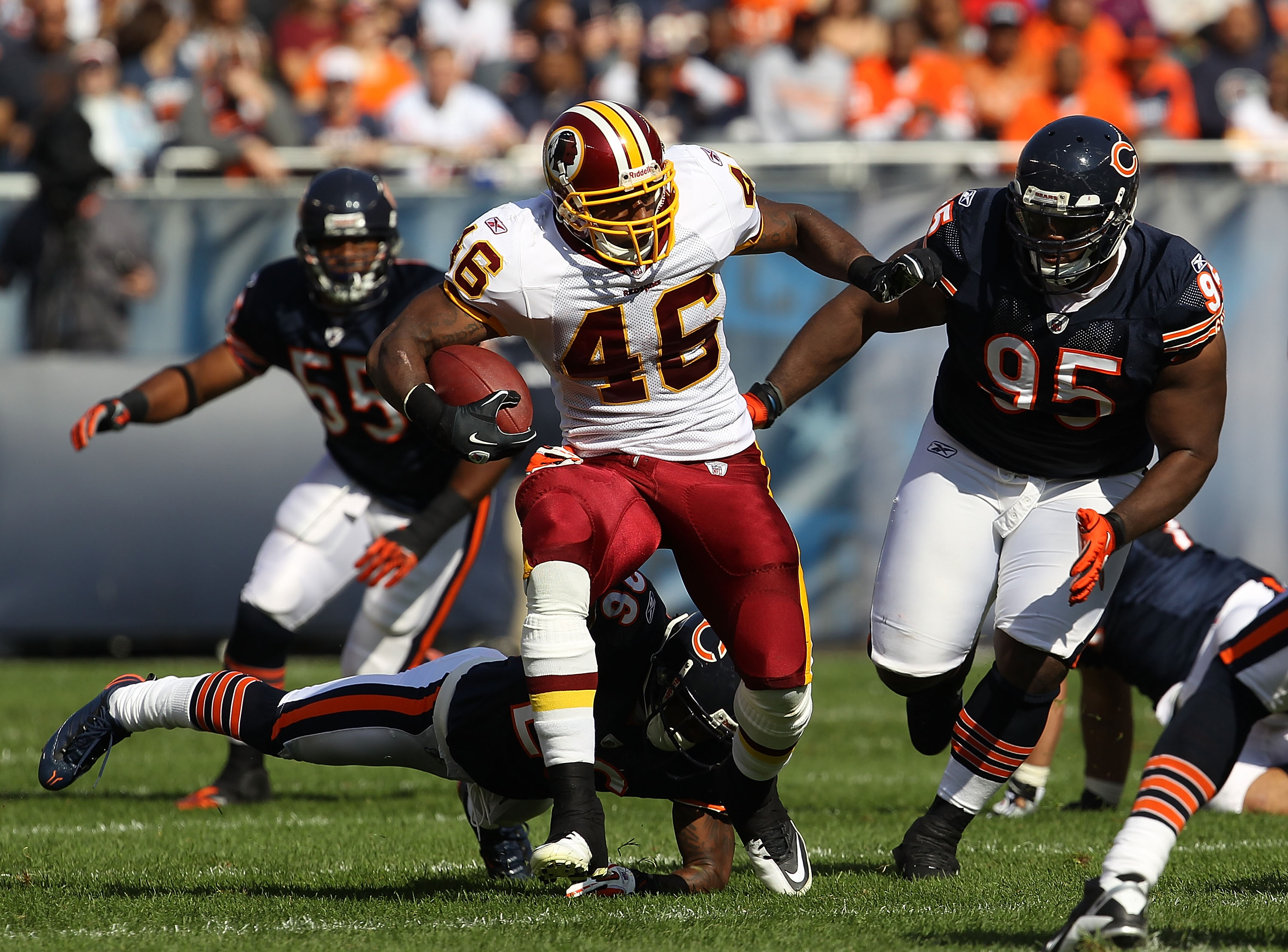 CHICAGO - OCTOBER 24: Ryan Torain #46 of the Washington Redskins runs past Tim Jennings #26 and Anthony Adams #95 of the Chicago Bears at Soldier Field on October 24, 2010 in Chicago, Illinois. The Redskins defeated the Bears 17-14. (Photo by Jonathan Dan CHICAGO - OCTOBER 24: Ryan Torain #46 of the Washington Redskins runs past Tim Jennings #26 and Anthony Adams #95 of the Chicago Bears at Soldier Field on October 24, 2010 in Chicago, Illinois. The Redskins defeated the Bears 17-14. (Photo by Jonathan Dan