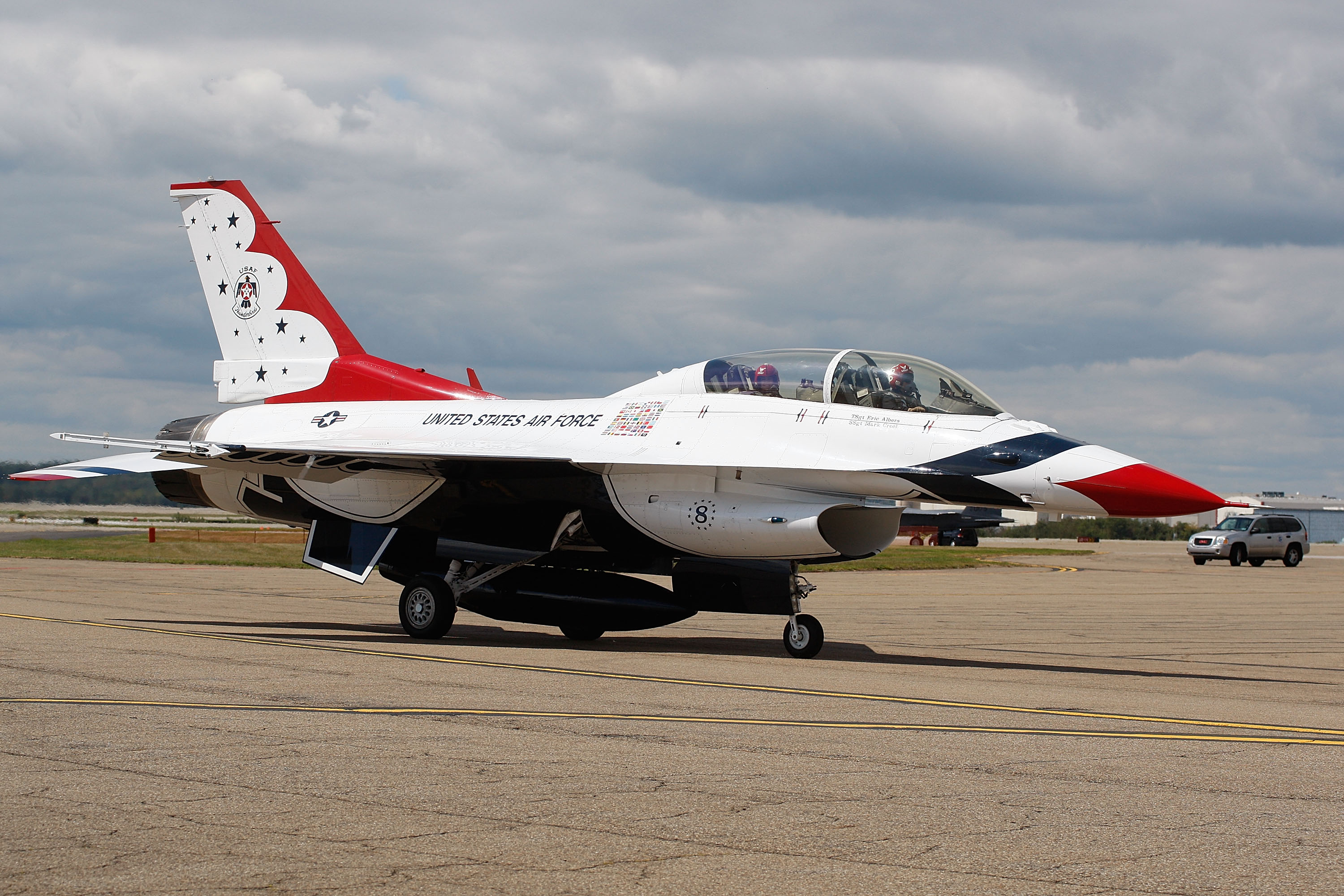 PITTSBURGH - SEPTEMBER 09:  2010 Women's US Open Champion Paula Creamer lands back on base with Kristin 'Mother' Hubbard after flying in an F-16 with the U.S. Air Force Thunderbirds on September 9, 2010 at the Air Force Reserve Base in Pittsburgh, Pennsyl