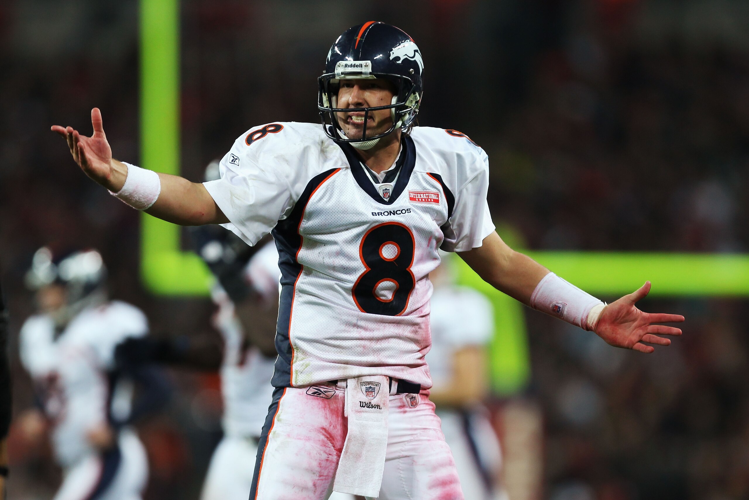 LONDON, ENGLAND - OCTOBER 31: Kyle Orton #8 of Denver Broncos gives instructions during the NFL International Series match between Denver Broncos and San Francisco 49ers at Wembley Stadium on October 31, 2010 in London, England. This is the fourth occasi LONDON, ENGLAND - OCTOBER 31: Kyle Orton #8 of Denver Broncos gives instructions during the NFL International Series match between Denver Broncos and San Francisco 49ers at Wembley Stadium on October 31, 2010 in London, England. This is the fourth occasi