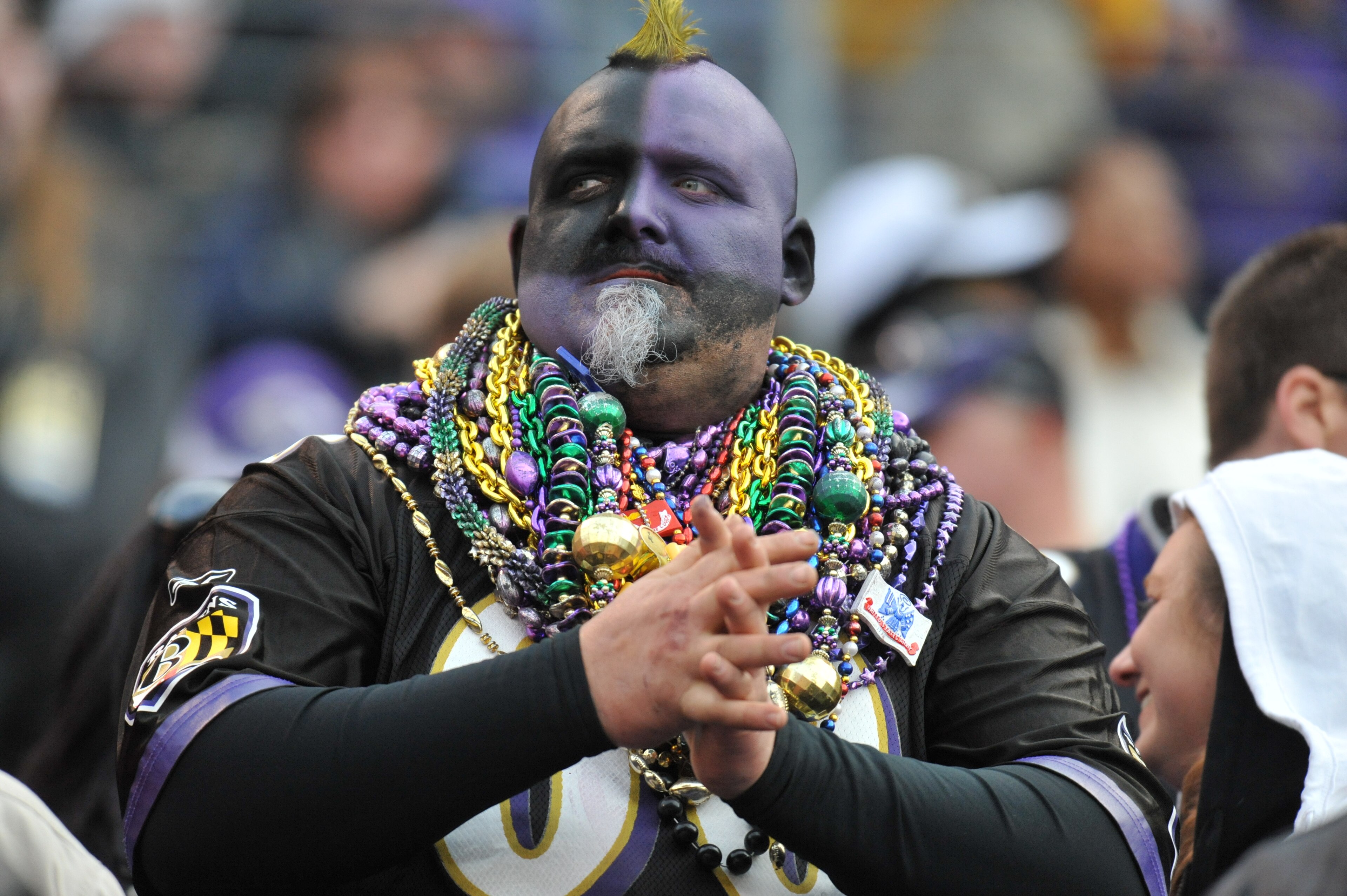 BALTIMORE, MD - NOVEMBER 7:  A fan of the Baltimore Ravens cheers against the Miami Dolphins at M&T Bank Stadium on November 7, 2010 in Baltimore, Maryland. The Ravens defeated the Dolphins 26-10. (Photo by Larry French/Getty Images)