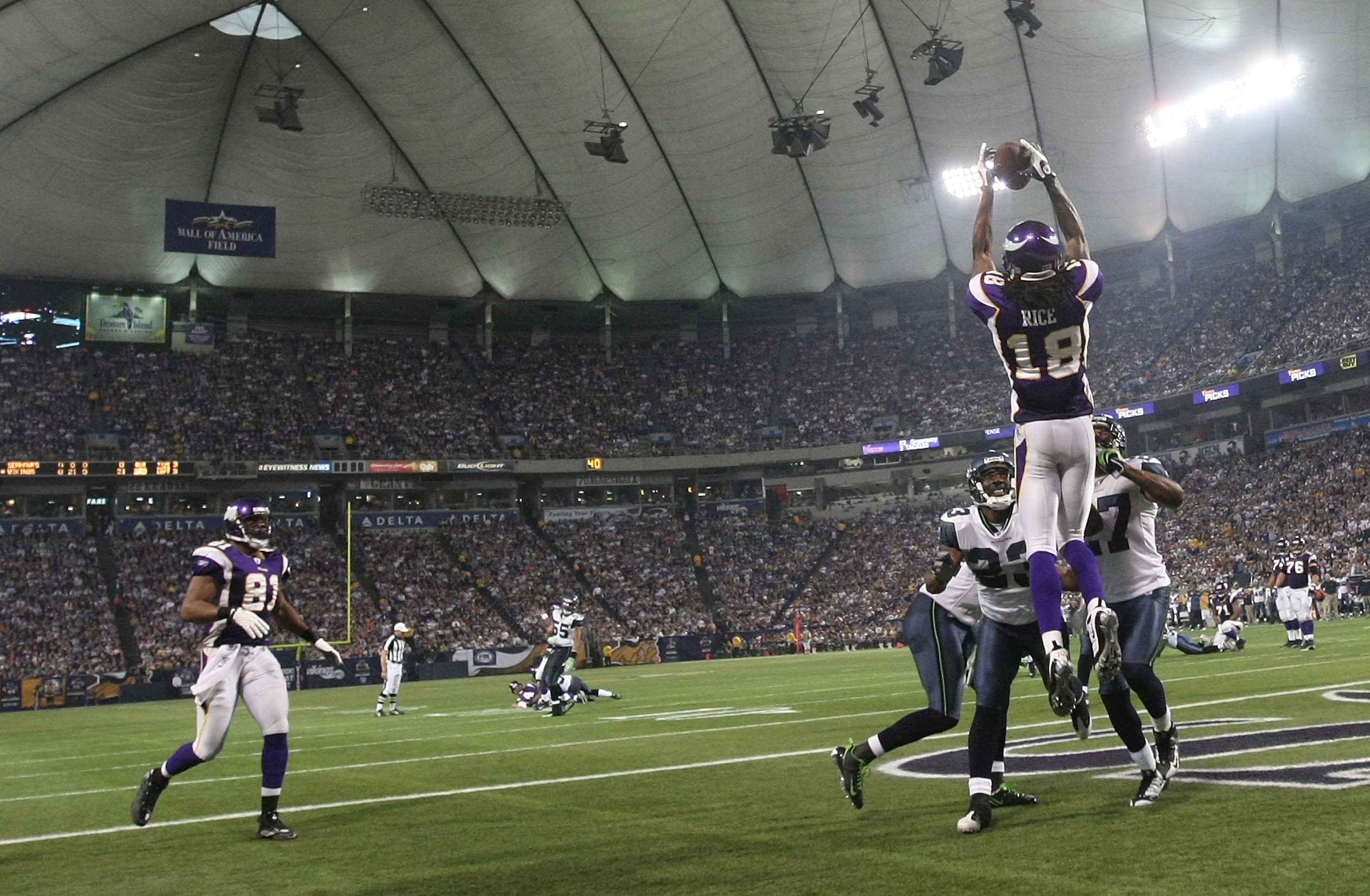MINNEAPOLIS - NOVEMBER 22:  Sidney Rice #18 of the Minnesota Vikings catches a touchdown against the Seattle Seahawks at Hubert H. Humphrey Metrodome on November 22, 2009 in Minneapolis, Minnesota.  (Photo by Nick Laham/Getty Images)