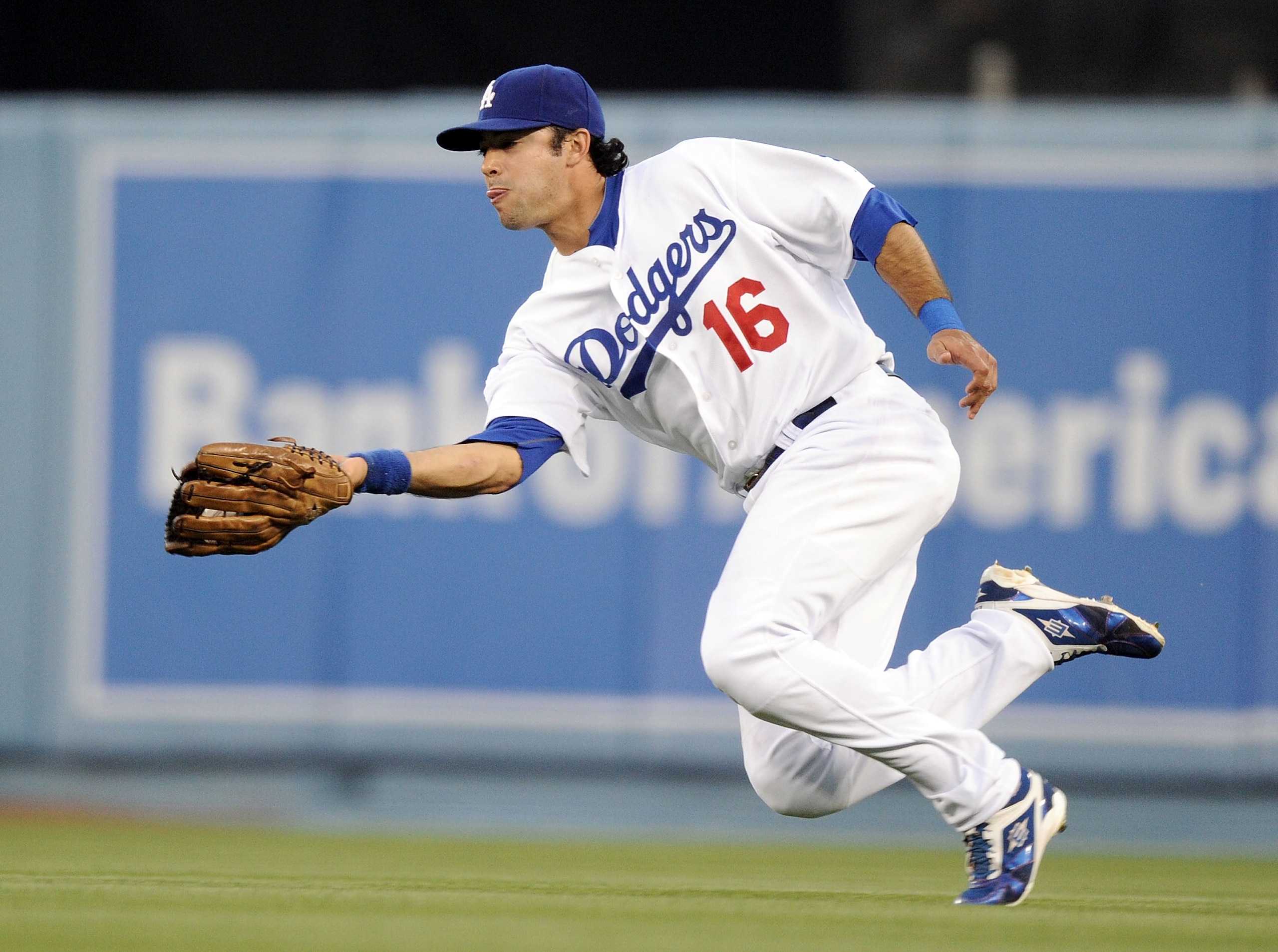 LOS ANGELES, CA - MAY 07:  Andre Ethier #16 of the Los Angeles Dodgers makes a running catch for an out of Ian Stewart #9 of the Colorado Rockies during the second inning at Dodger Stadium on May 7, 2010 in Los Angeles, California.  (Photo by Harry How/Ge