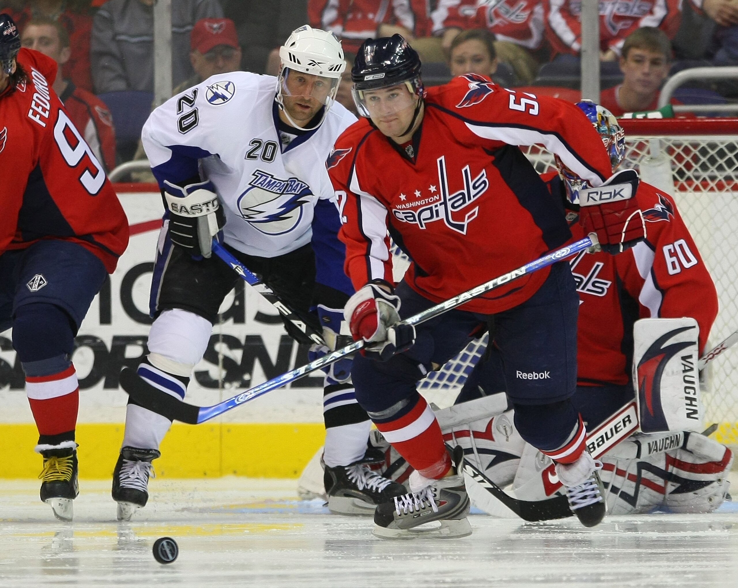 WASHINGTON - MARCH 27: Mike Green #52 of the Washington Capitals skates against the Tampa Bay Lightning on March 27, 2009 at the Verizon Center in Washington, D.C. (Photo by Bruce Bennett/Getty Images)