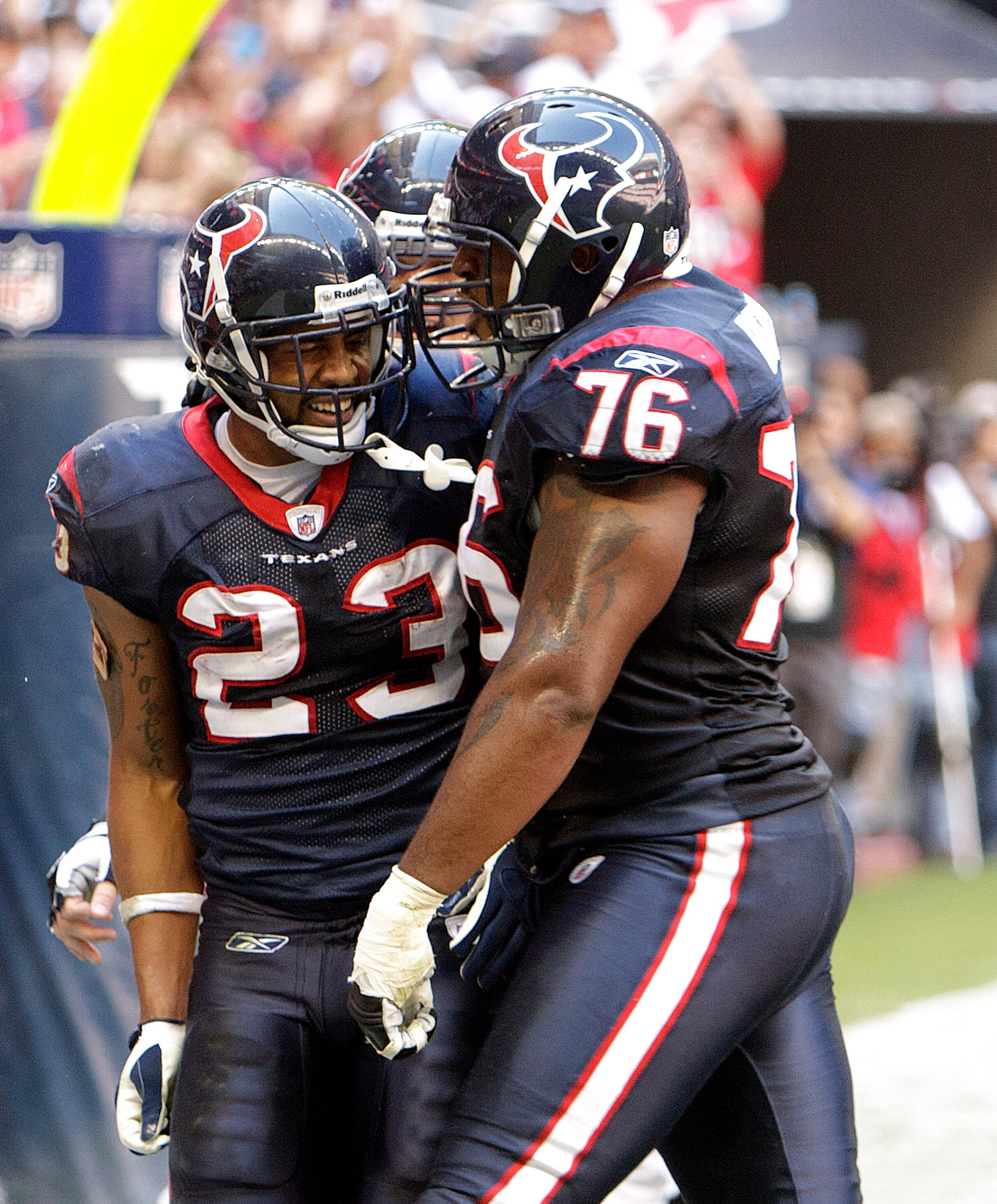 HOUSTON - NOVEMBER 07: Running back Arian Foster #23 of the Houston Texans celebrates with Duane Brown #76 after scoring against the San Diego Chargers at Reliant Stadium on November 7, 2010 in Houston, Texas. (Photo by Bob Levey/Getty Images) HOUSTON - NOVEMBER 07: Running back Arian Foster #23 of the Houston Texans celebrates with Duane Brown #76 after scoring against the San Diego Chargers at Reliant Stadium on November 7, 2010 in Houston, Texas. (Photo by Bob Levey/Getty Images)