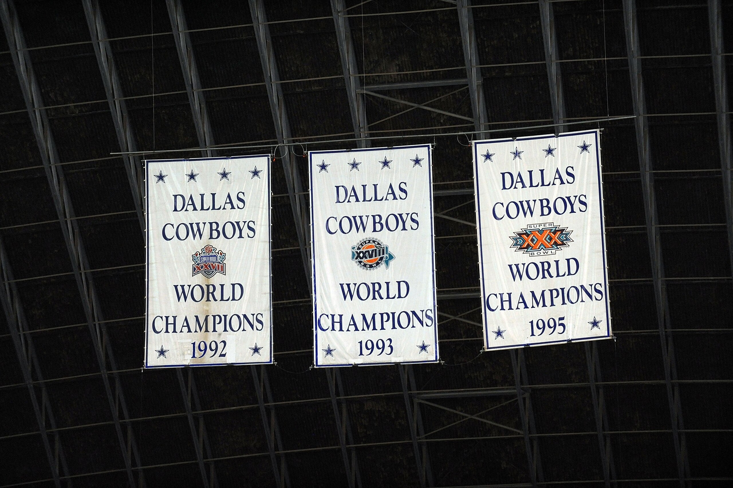 IRVING, TX - DECEMBER 20:  Dallas Cowboy Super Bowl banners hang during the last home game against the Baltimore Ravens on December 20, 2008 in Irving, Texas. The Cowboys are playing their final regular season home game before moving to a new stadium in A