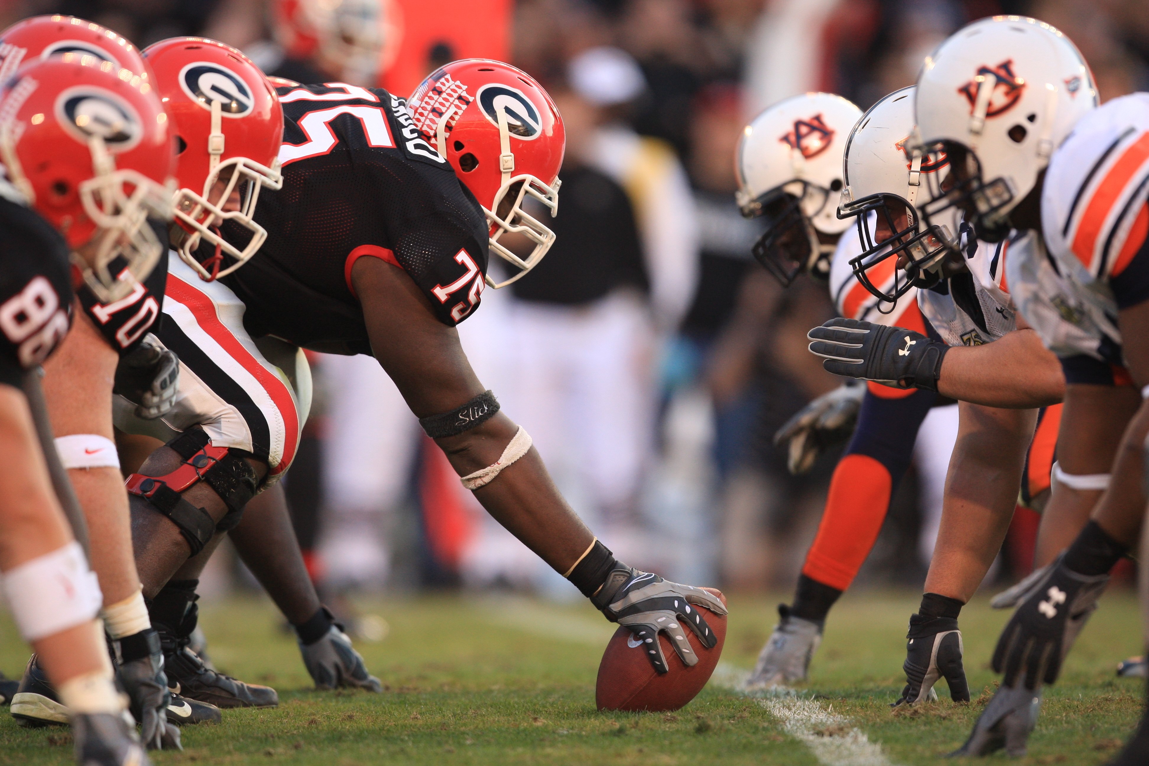 ATHENS - NOVEMBER 10:  The line of scrimmage during the NFL game of the Georgia Bulldogs against the Auburn Tigers at Sanford Stadium on November 10, 2007 in Athens, Georgia. (Photo by Streeter Lecka/Getty Images)