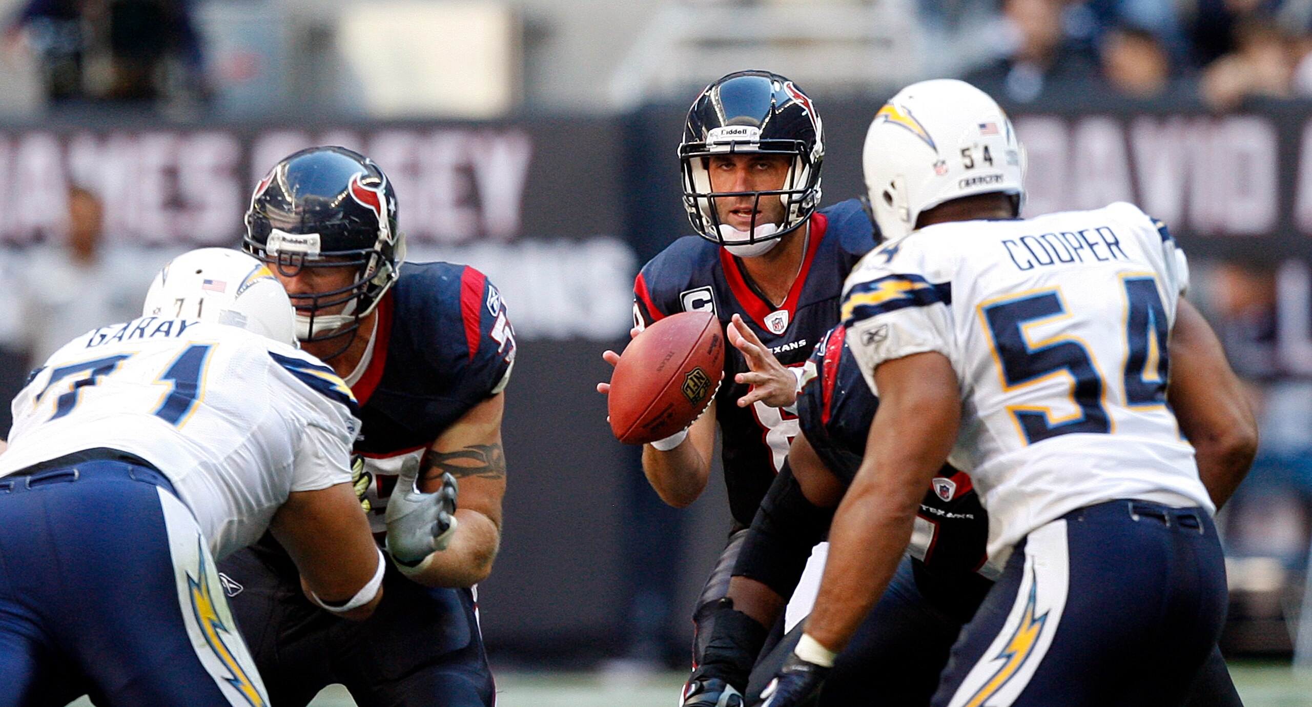 HOUSTON - NOVEMBER 07:  Quarterback Matt Schaub #8 of the Houston Texans t takes the snap against the San Diego Chargers at Reliant Stadium on November 7, 2010 in Houston, Texas.  (Photo by Bob Levey/Getty Images)