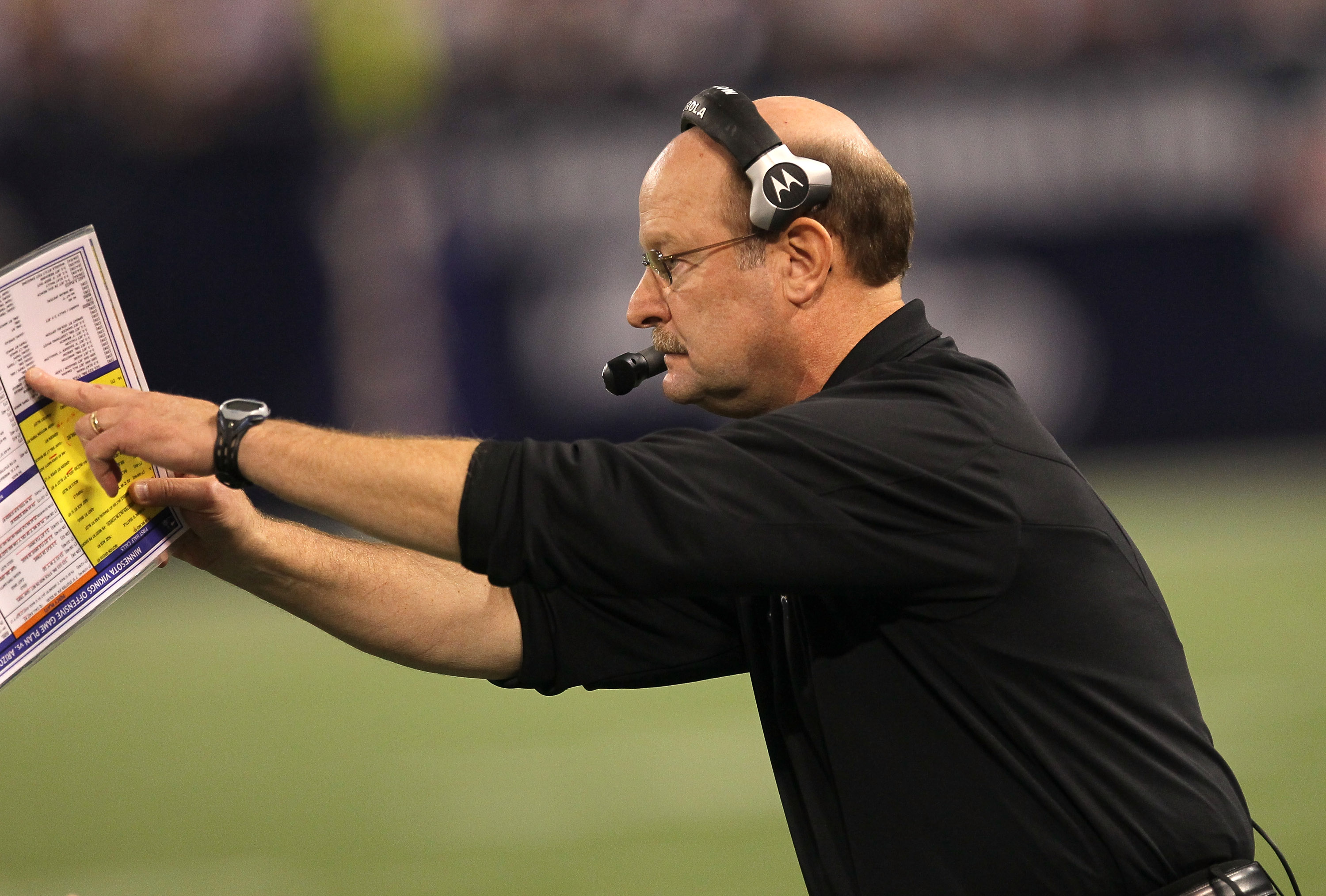 MINNEAPOLIS - NOVEMBER 07:  Head coach Brad Childress of the Minnesota Vikings signals during the game with the Arizona Cardinals at Hubert H. Humphrey Metrodome on November 7, 2010 in Minneapolis, Minnesota. The Vikings won 27-24 in overtime. (Photo by S