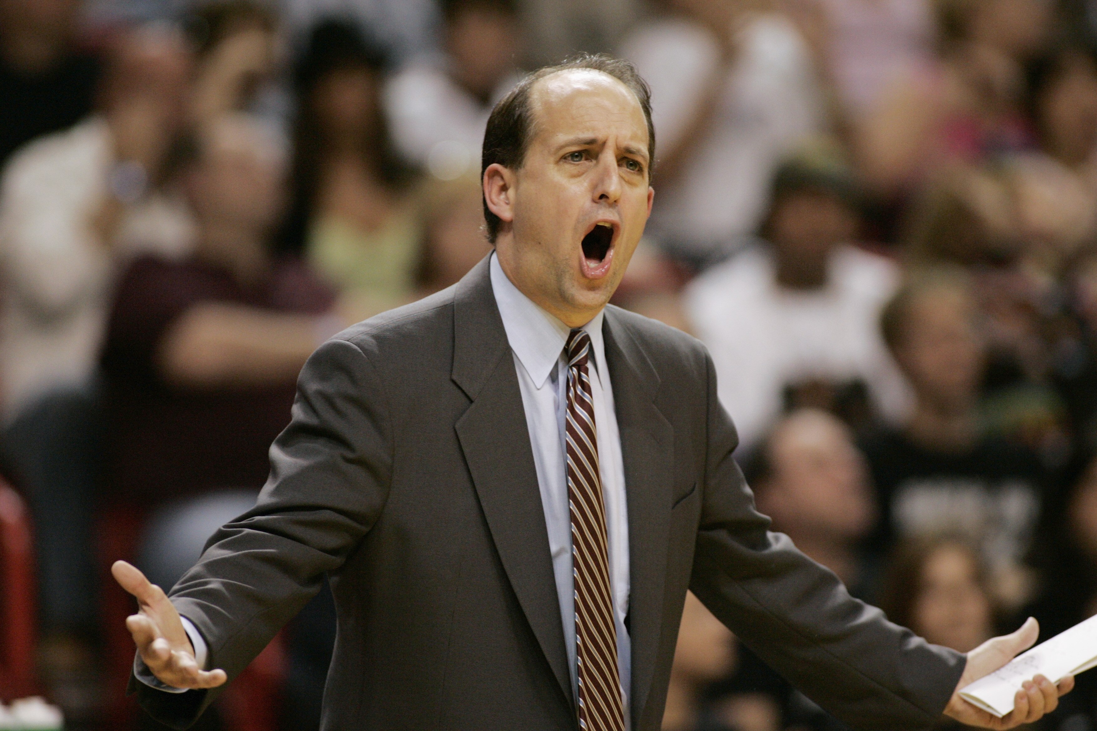 MIAMI - JANUARY 30:  Head coach Jeff Van Gundy of the Houston Rockets reacts during the game against the Miami Heat on January 30, 2005 at the American Airlines Arena in Miami, Florida. The Heat won 104-95. NOTE TO USER: User expressly acknowledges and ag