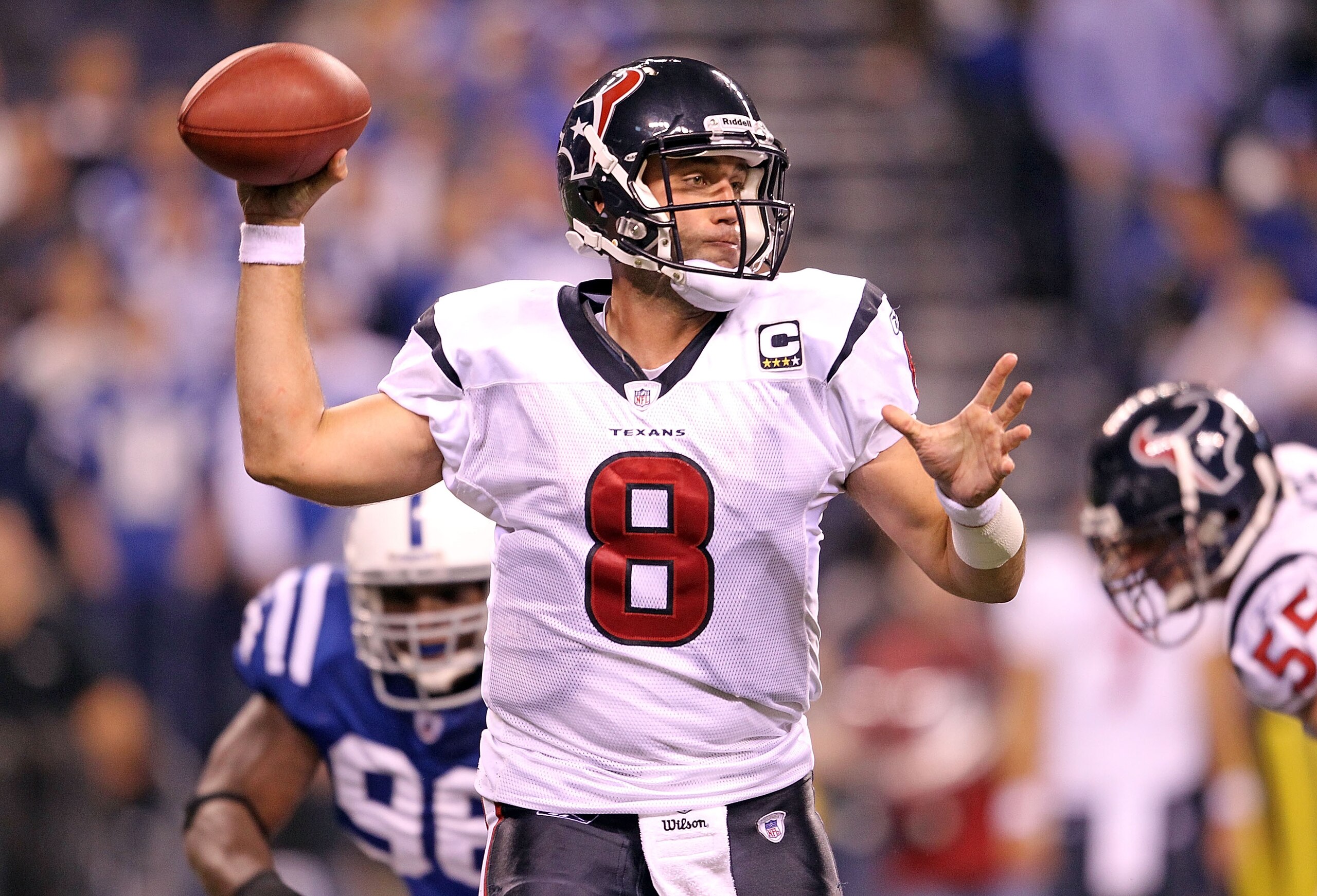 INDIANAPOLIS - NOVEMBER 01: Matt Schaub #8 of Houston Texans throws a pass during the NFL game against the Indianapolis Colts at Lucas Oil Stadium on November 1, 2010 in Indianapolis, Indiana. (Photo by Andy Lyons/Getty Images) INDIANAPOLIS - NOVEMBER 01: Matt Schaub #8 of Houston Texans throws a pass during the NFL game against the Indianapolis Colts at Lucas Oil Stadium on November 1, 2010 in Indianapolis, Indiana. (Photo by Andy Lyons/Getty Images)