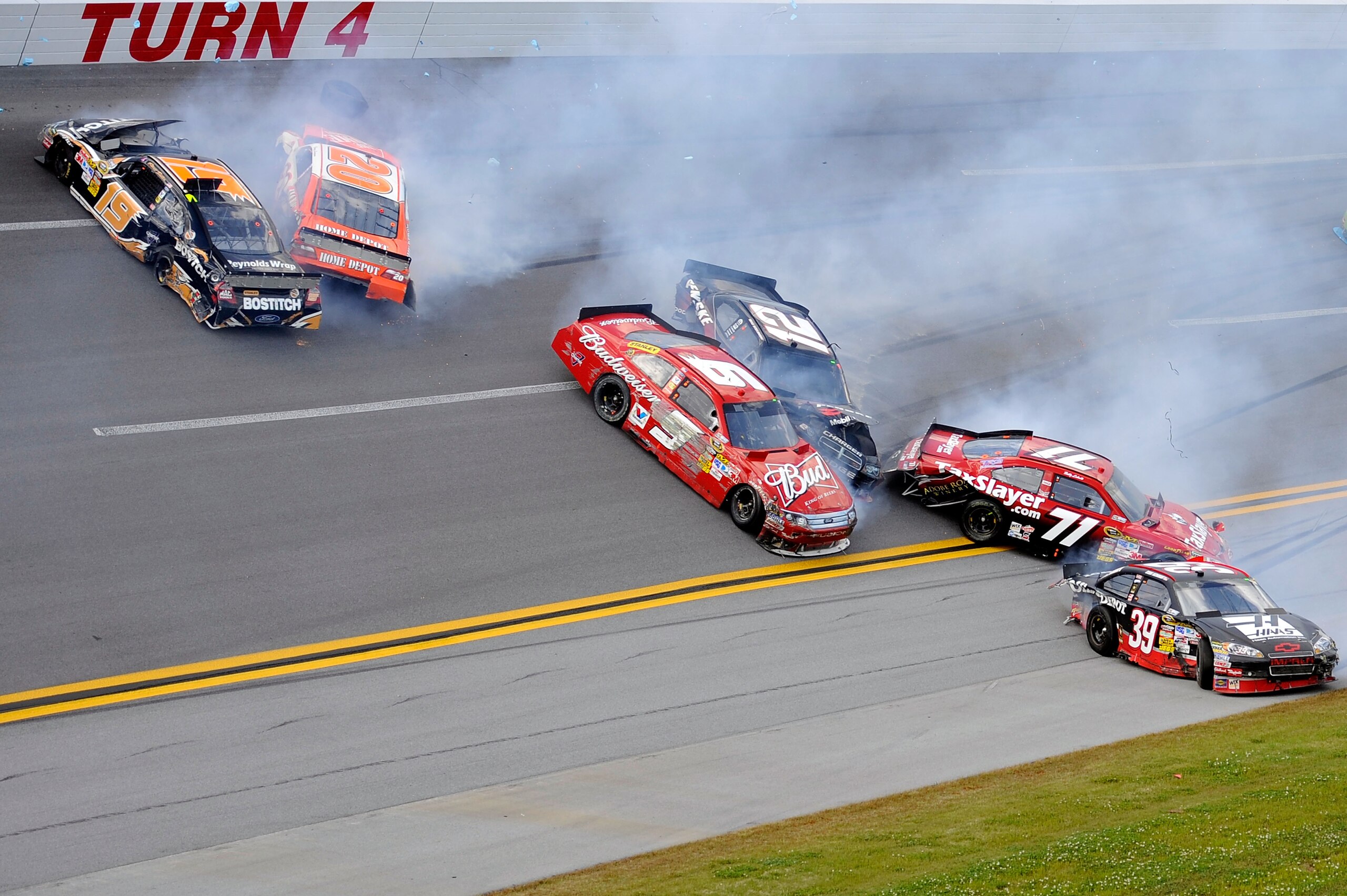 TALLADEGA, AL - APRIL 25:  Elliott Sadler, driver of the #19 Stanley/Bostitch Ford, Joey Logano, driver of the #20 Home Depot Toyota, Kasey Kahne, driver of the #9 Budweiser Ford, Brad Keselowski, driver of the #12 Penske Dodge, Ryan Newman, driver of the