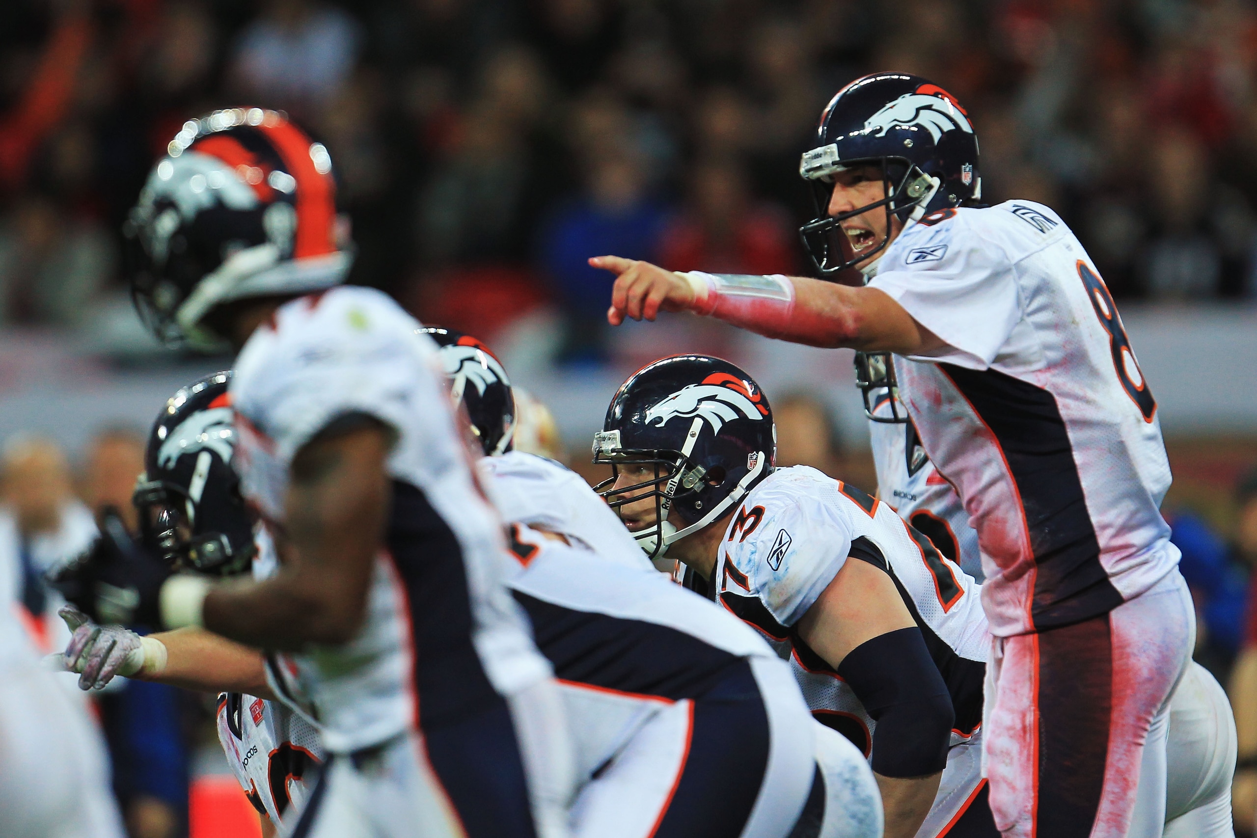 LONDON, ENGLAND - OCTOBER 31: Kyle Orton #8 of Denver Broncos gives instructions during the NFL International Series match between Denver Broncos and San Francisco 49ers at Wembley Stadium on October 31, 2010 in London, England. This is the fourth occasi LONDON, ENGLAND - OCTOBER 31: Kyle Orton #8 of Denver Broncos gives instructions during the NFL International Series match between Denver Broncos and San Francisco 49ers at Wembley Stadium on October 31, 2010 in London, England. This is the fourth occasi