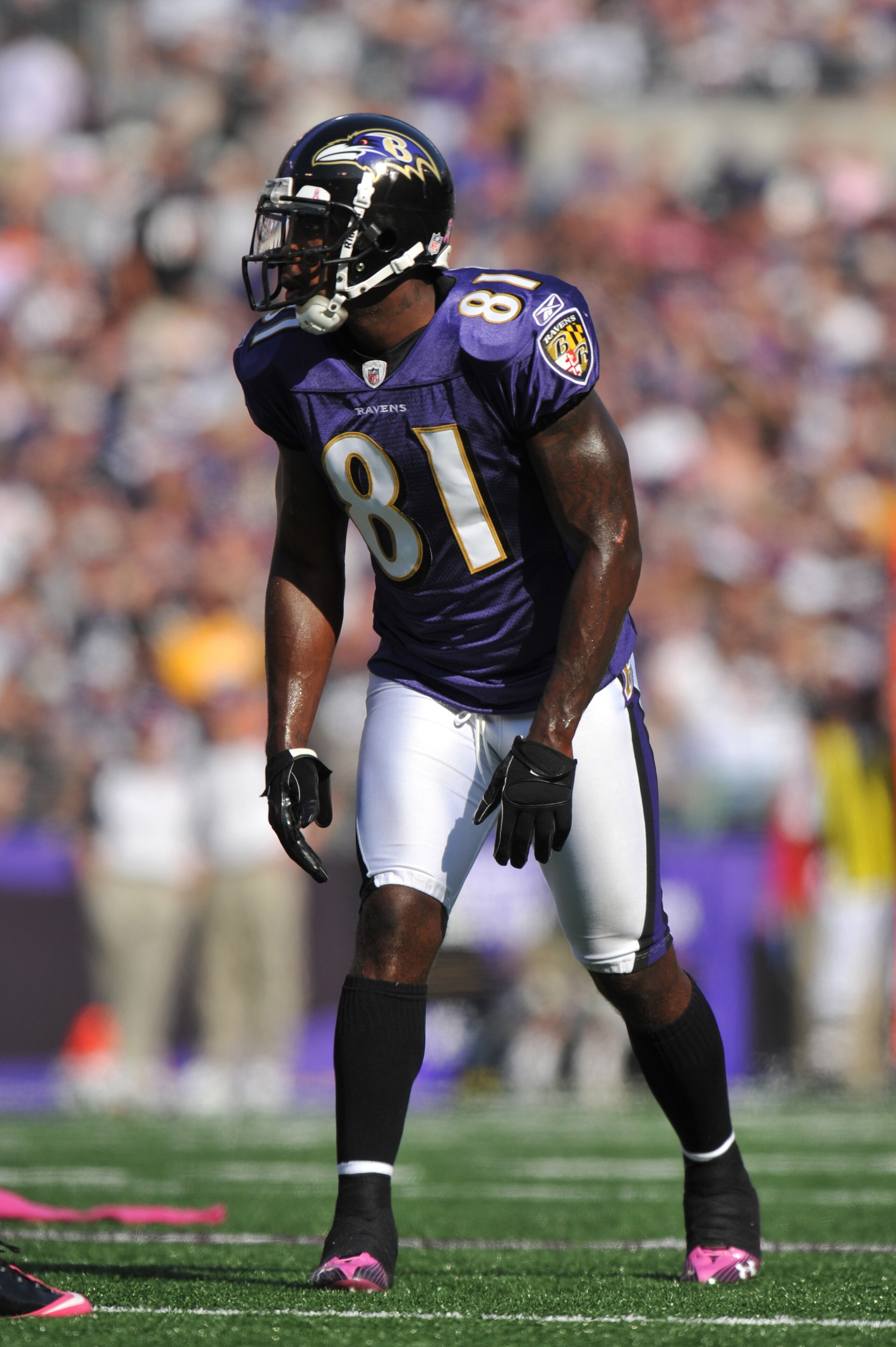 BALTIMORE, MD - OCTOBER 10: Anquan Boldin #81 of the Baltimore Ravens prepares to run downfield against the Denver Broncos at M&T Bank Stadium on October 10, 2010 in Baltimore, Maryland. Players wore pink in recognition of Breast Cancer Awareness Month. T BALTIMORE, MD - OCTOBER 10: Anquan Boldin #81 of the Baltimore Ravens prepares to run downfield against the Denver Broncos at M&T Bank Stadium on October 10, 2010 in Baltimore, Maryland. Players wore pink in recognition of Breast Cancer Awareness Month. T
