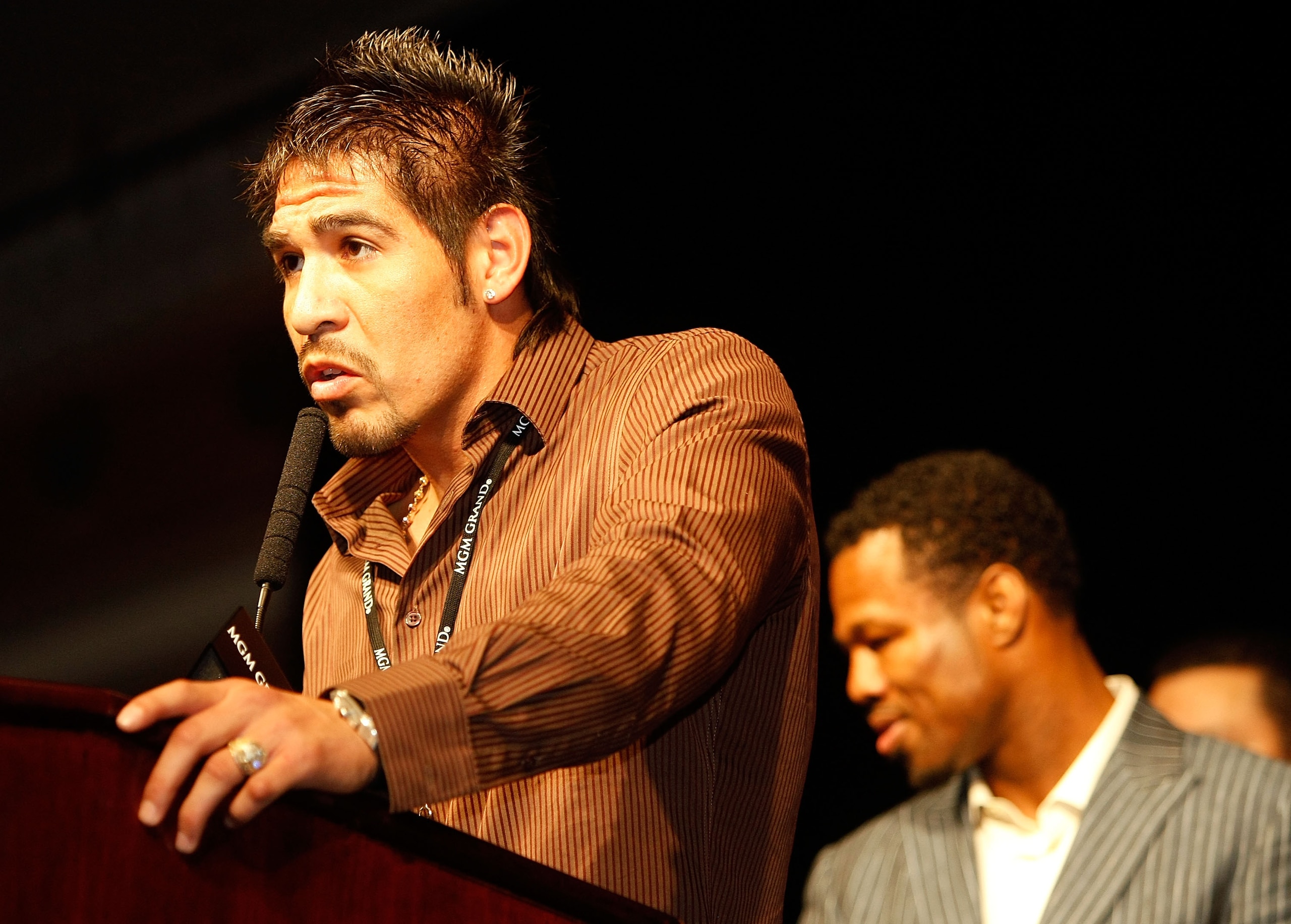 LAS VEGAS - DECEMBER 06:  (L) Antonio Margarito speaks during a news conference as Shane Mosley stands behind him after Manny Pacquiao of the Philippines defeated Oscar De La Hoya during their welterweight fight at the MGM Grand Garden Arena December 6, 2