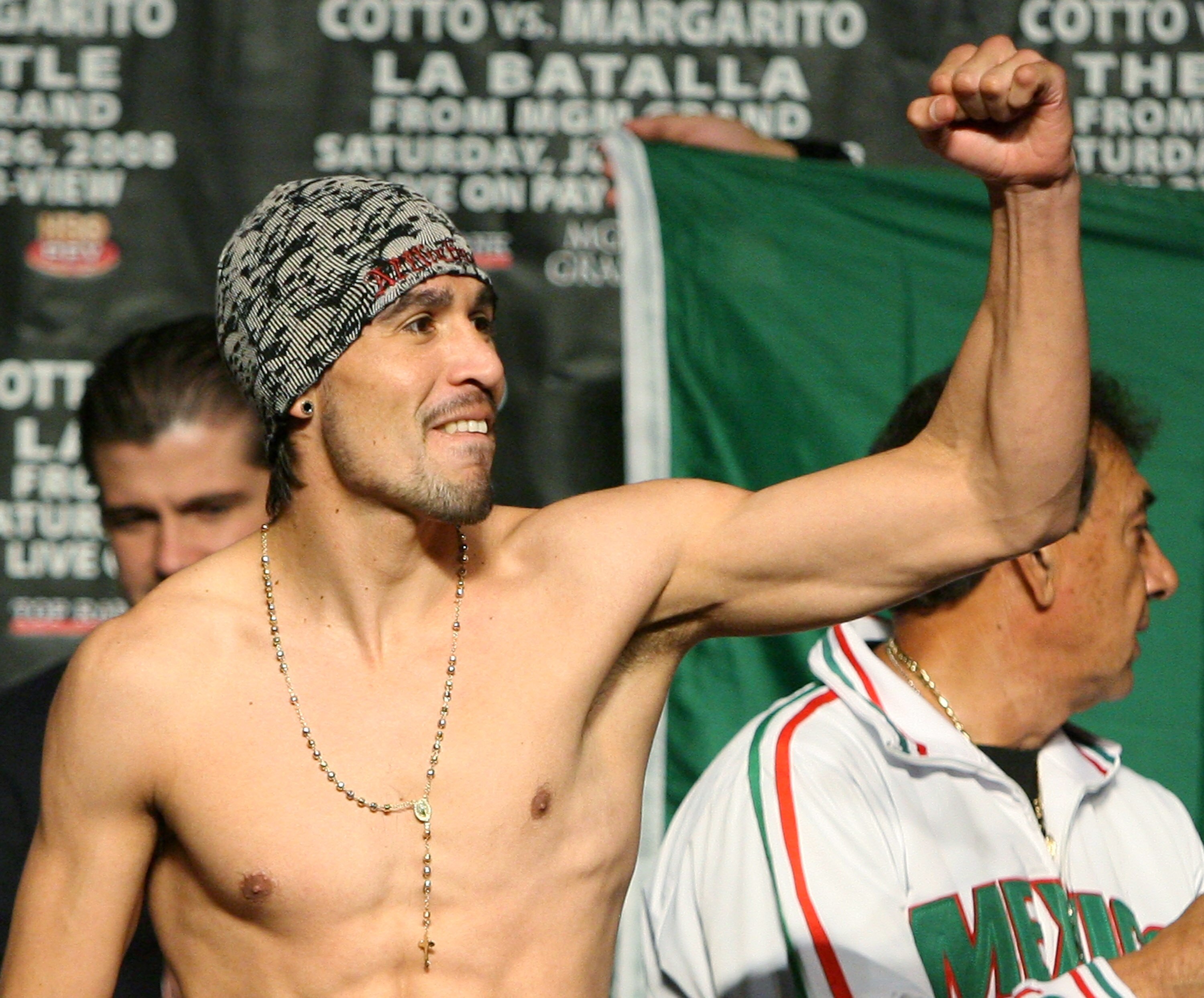 LAS VEGAS - JULY 25:  Antonio Margarito of Mexico poses during the official weigh-in for his fight against Miguel Cotto of Puerto Rico at the MGM Grand Garden Arena July 25, 2008 in Las Vegas, Nevada. Margarito will fight for Cotto's WBA welterweight titl