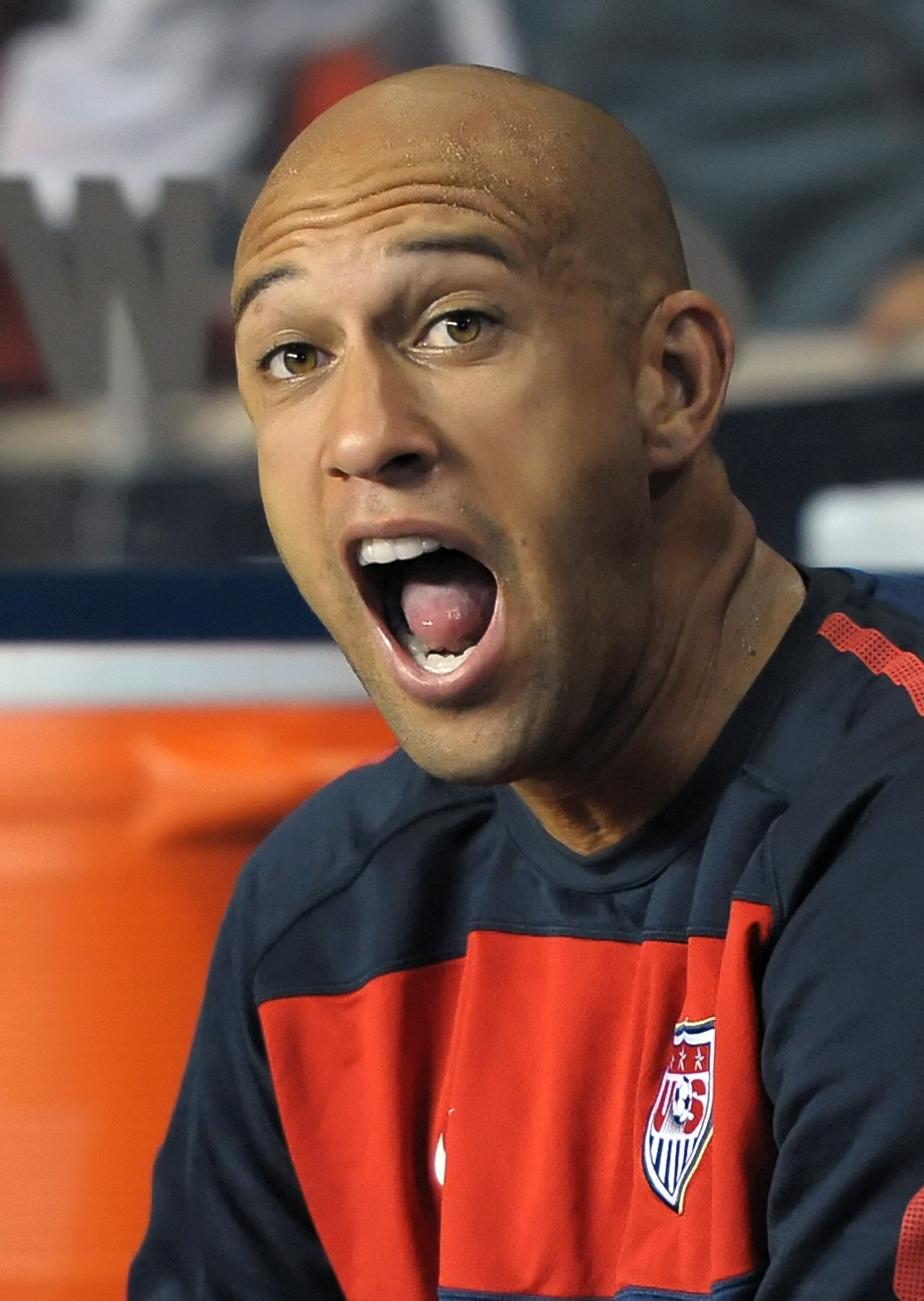 CHESTER, PA - OCTOBER 12: Goalkeeper Tim Howard #1 of the United States clowns around on the bench before the game against Colombia at PPL Park on October 12, 2010 in Chester, Pennsylvania. The game ended in a 0-0 tie. (Photo by Drew Hallowell/Getty Image