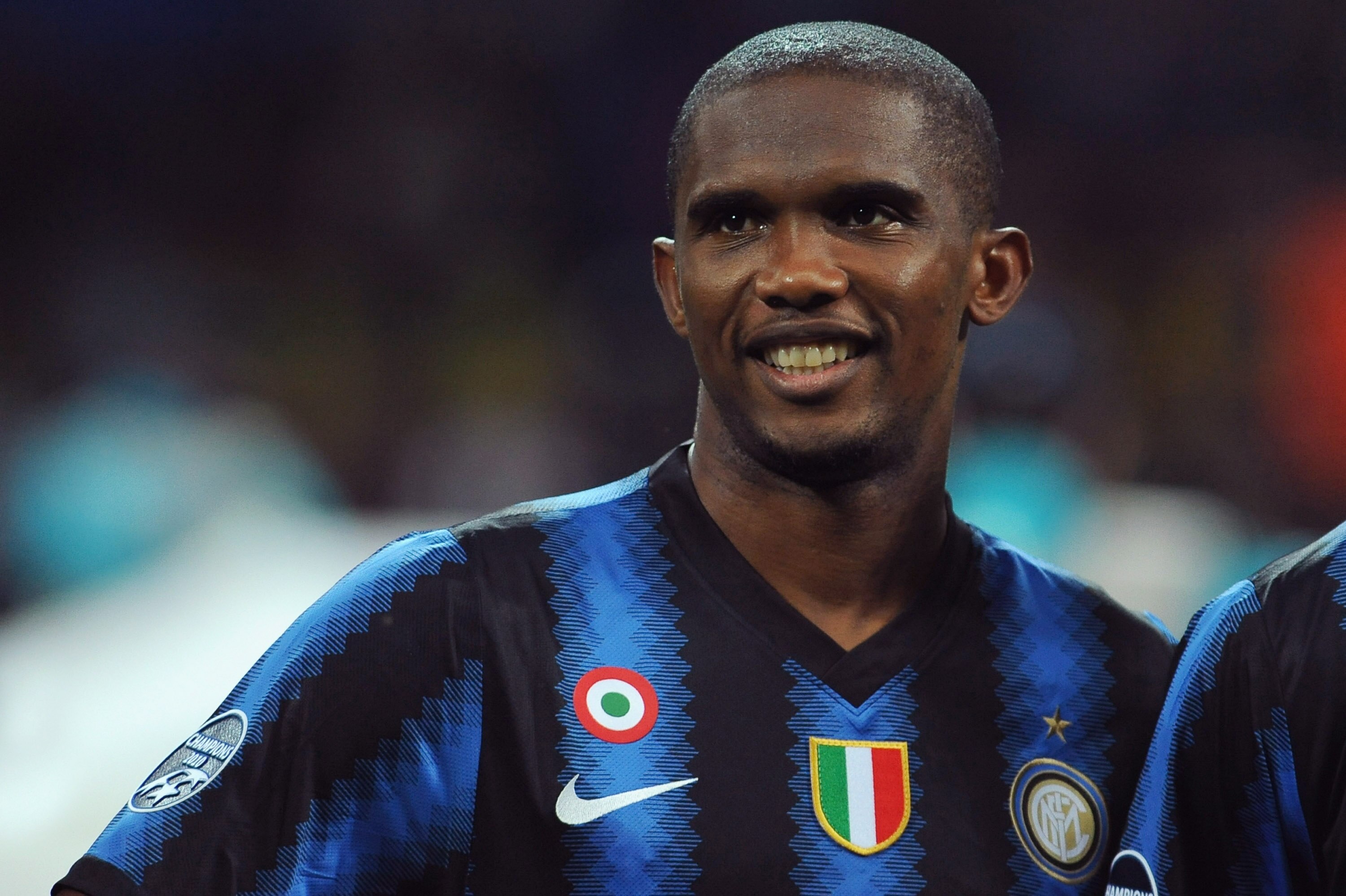 MILAN, ITALY - SEPTEMBER 29:  Samuel Eto o of FC Internazionale Milano smiles during the UEFA Champions League group A match between FC Internazionale Milano and SV Werder Bremen at Stadio Giuseppe Meazza on September 29, 2010 in Milan, Italy.  (Photo by 