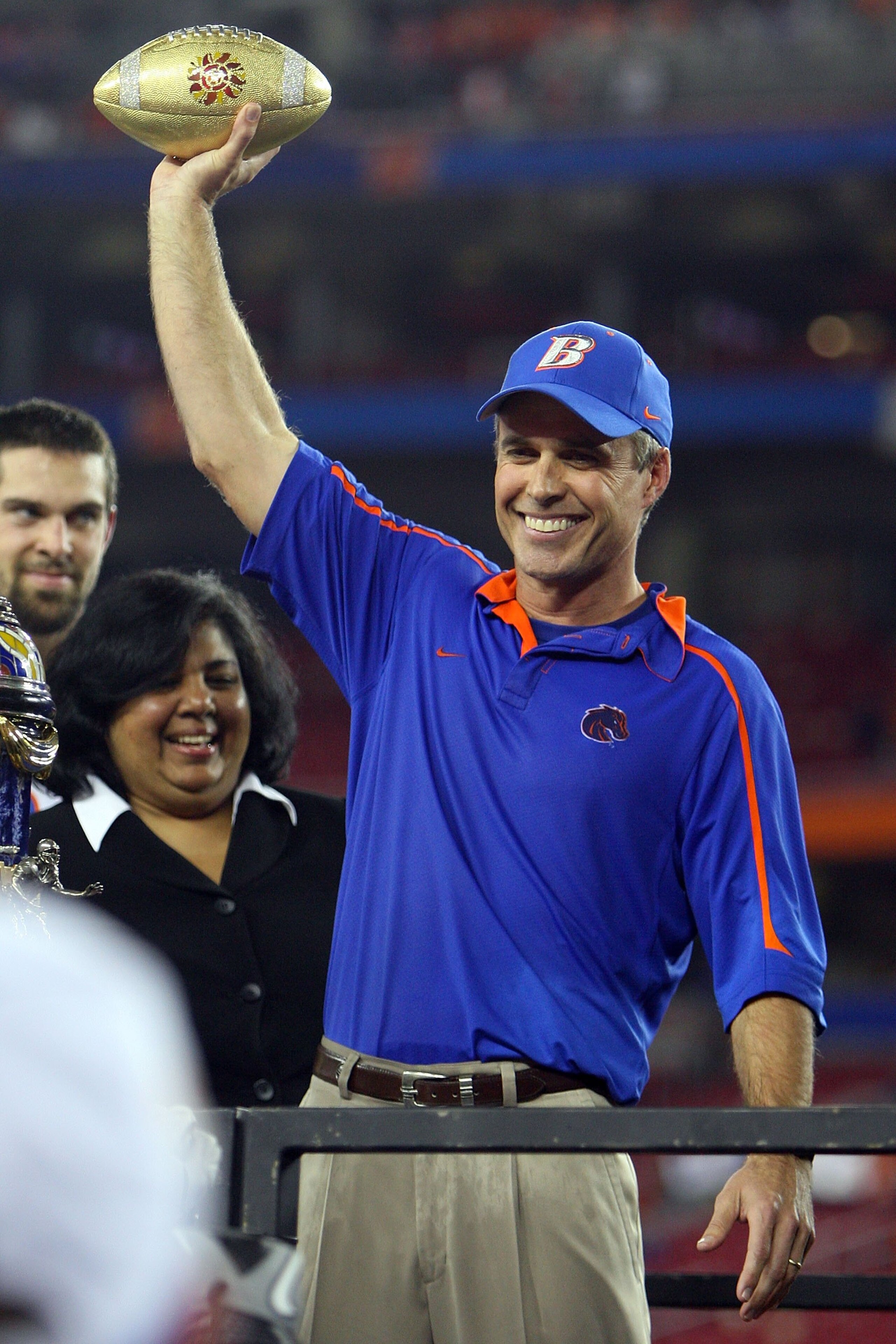 GLENDALE, AZ - JANUARY 04:  Head coach Chris Petersen of the Boise State Broncos celebrates after defeating the TCU Horned Frogs 17-10 during the Tostitos Fiesta Bowl at the Universtity of Phoenix Stadium on January 4, 2010 in Glendale, Arizona.  (Photo b