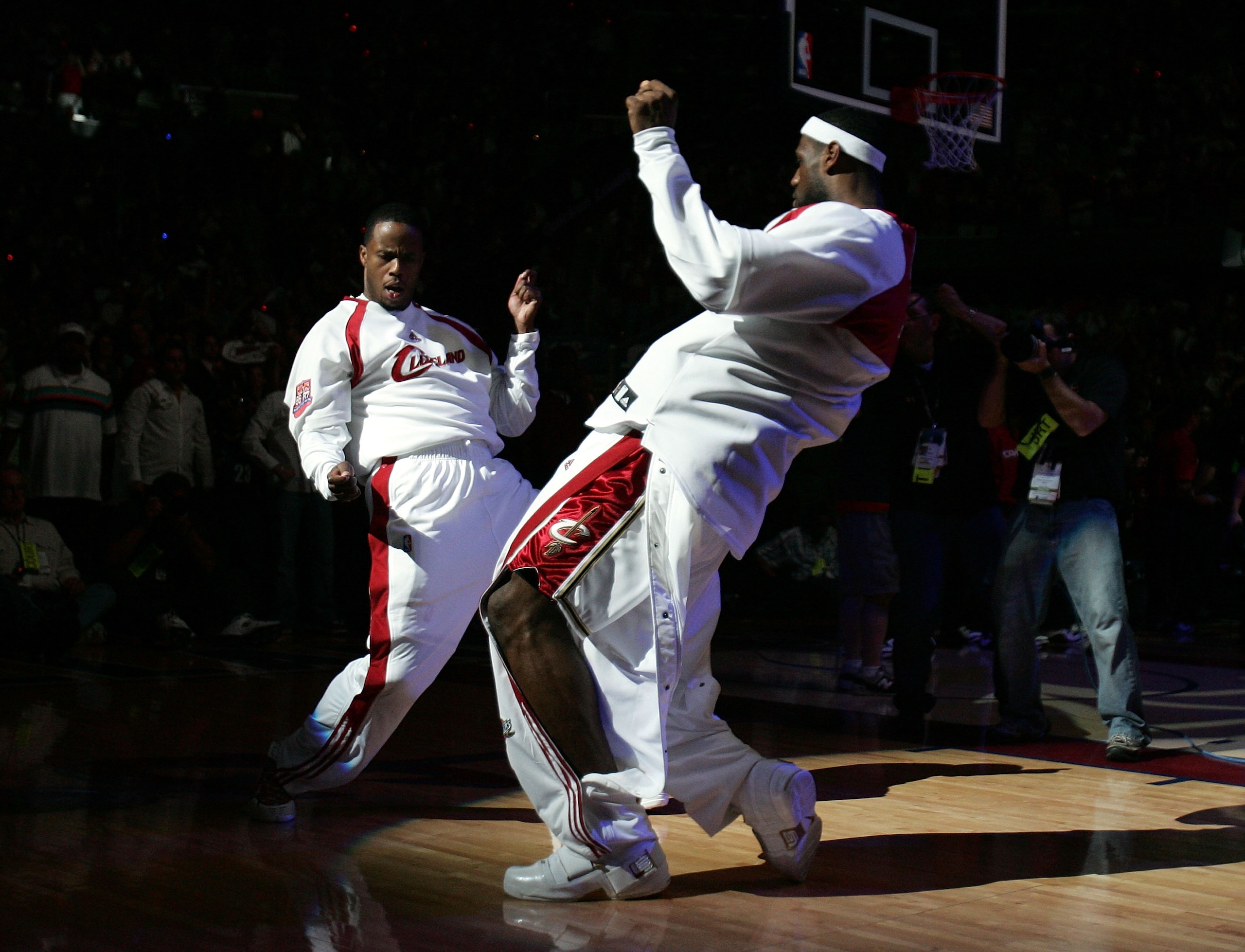 CLEVELAND - JUNE 02:  (L-R) Damon Jones #19 and LeBron James #23 of the Cleveland Cavaliers dance around during player introcuctions against the Detroit Pistons in Game Six of the Eastern Conference Finals during the 2007 NBA Playoffs on June 2, 2007 at t