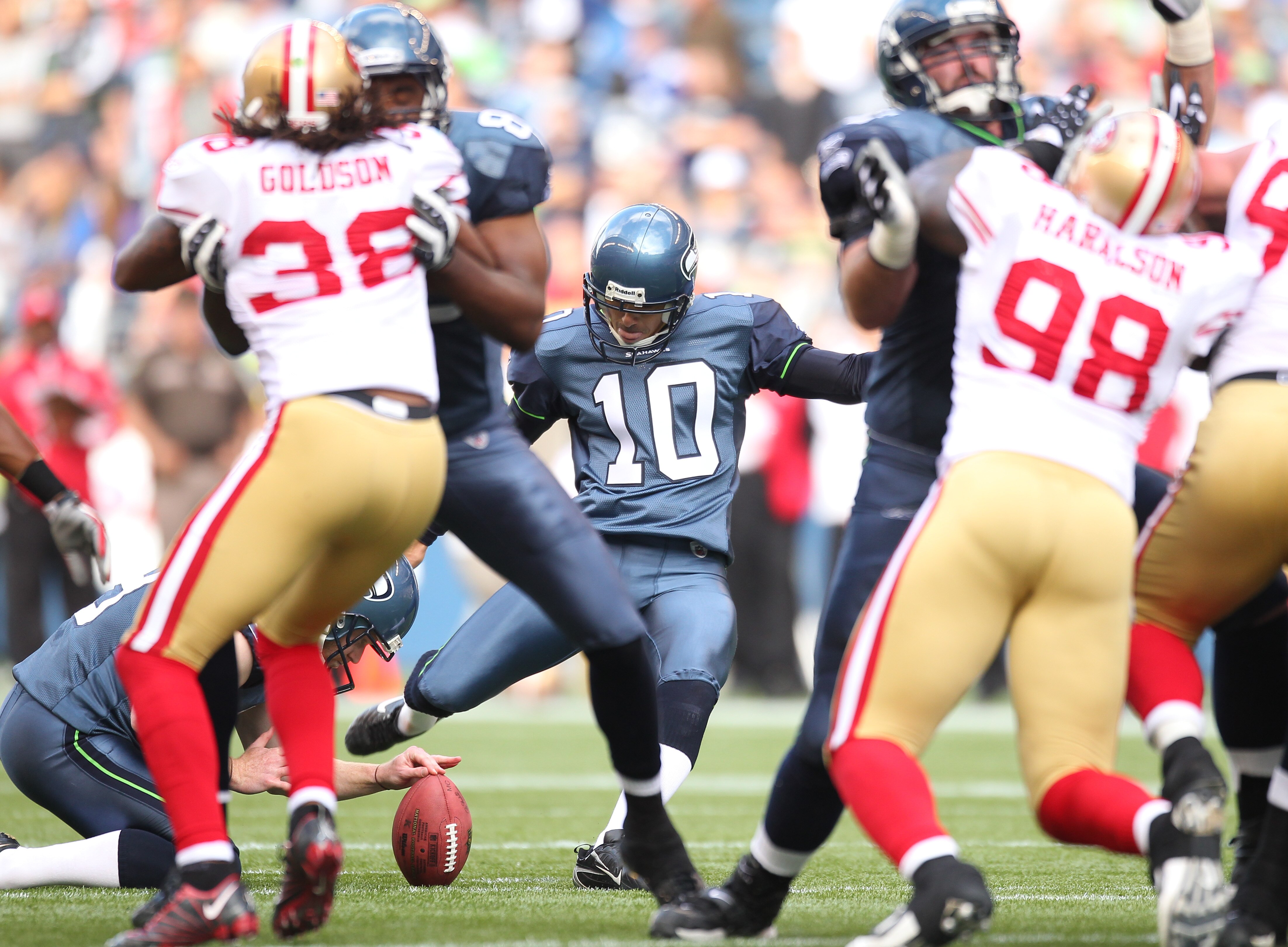 SEATTLE - SEPTEMBER 12:  Kicker Olindo Mare #10 of the Seattle Seahawks kicks a 35 yard field goal during the NFL season opener against the San Francisco 49ers at Qwest Field on September 12, 2010 in Seattle, Washington. (Photo by Otto Greule Jr/Getty Ima