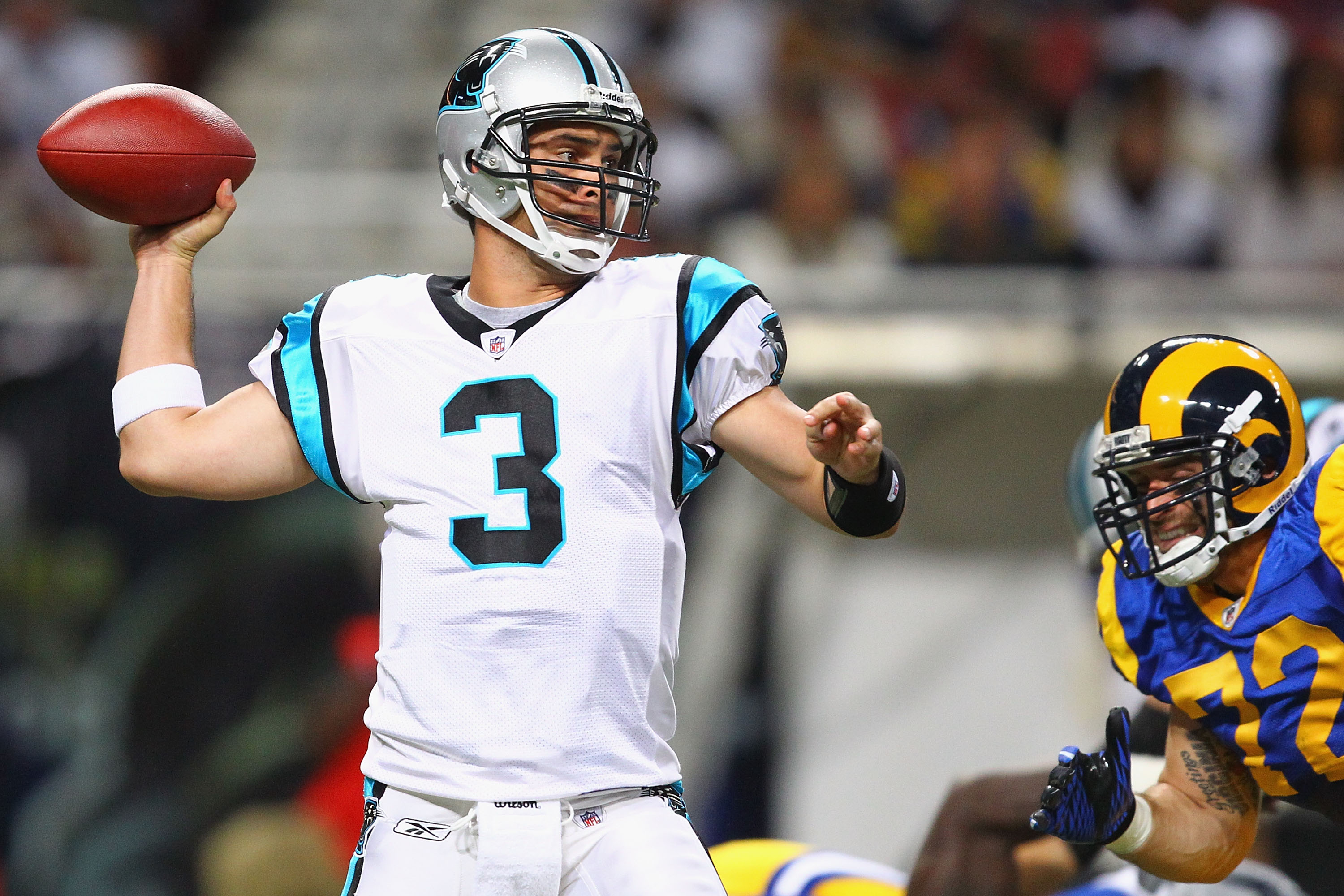 ST. LOUIS - OCTOBER 31: Matt Moore #3 of the Carolina Panthers passes against the St. Louis Rams at the Edward Jones Dome on October 31, 2010 in St. Louis, Missouri.  The Rams beat the Panthers 20-10.  (Photo by Dilip Vishwanat/Getty Images)