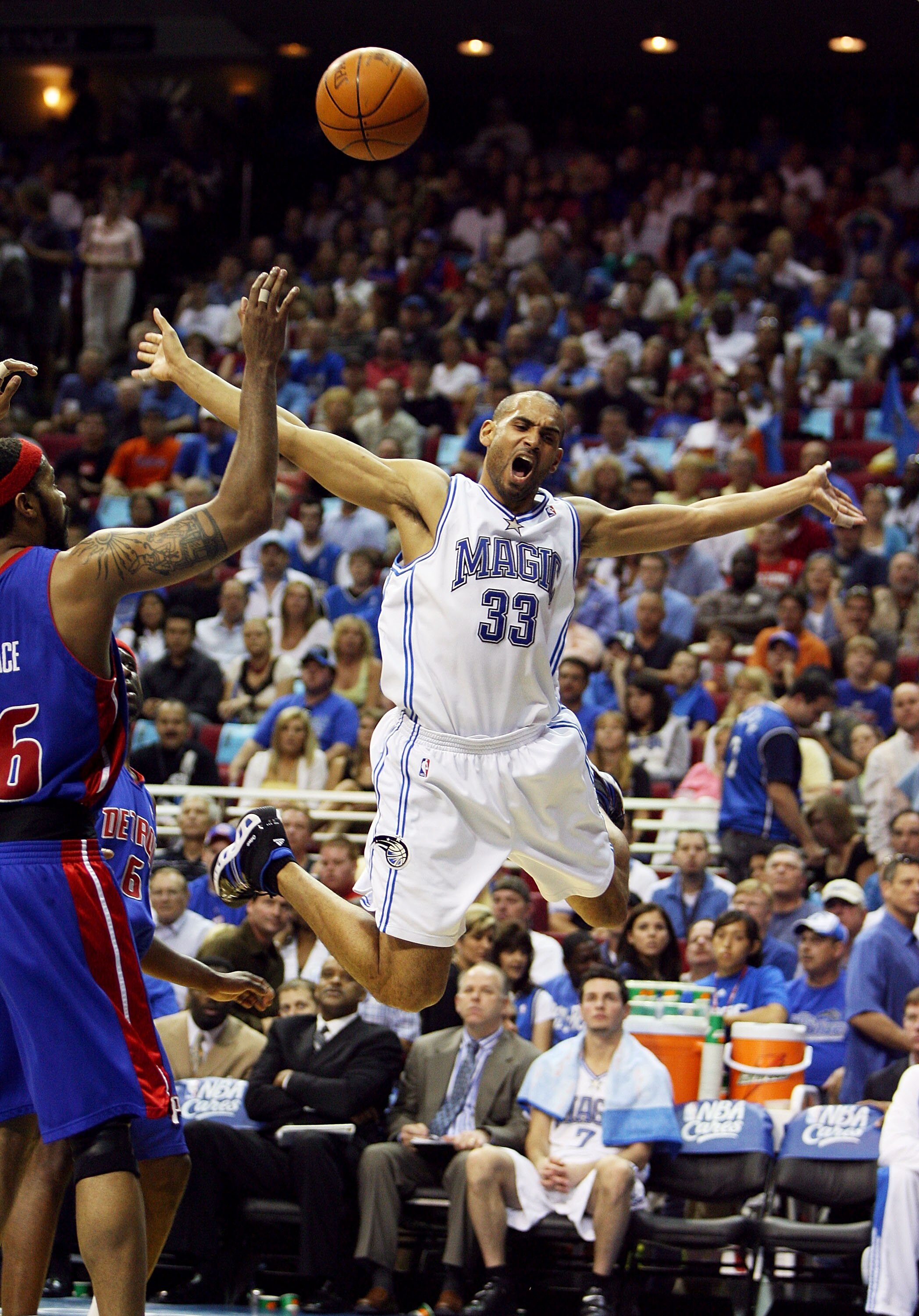 ORLANDO, FL - APRIL 28:  Grant Hill #33 of the Orlando Magic reacts after being fouled in the first half by Flip Murray #6 of the Detroit Pistons in Game Four of the Eastern Conference Quarterfinals during the 2007 NBA Playoffs at Amway Arena on April 28,