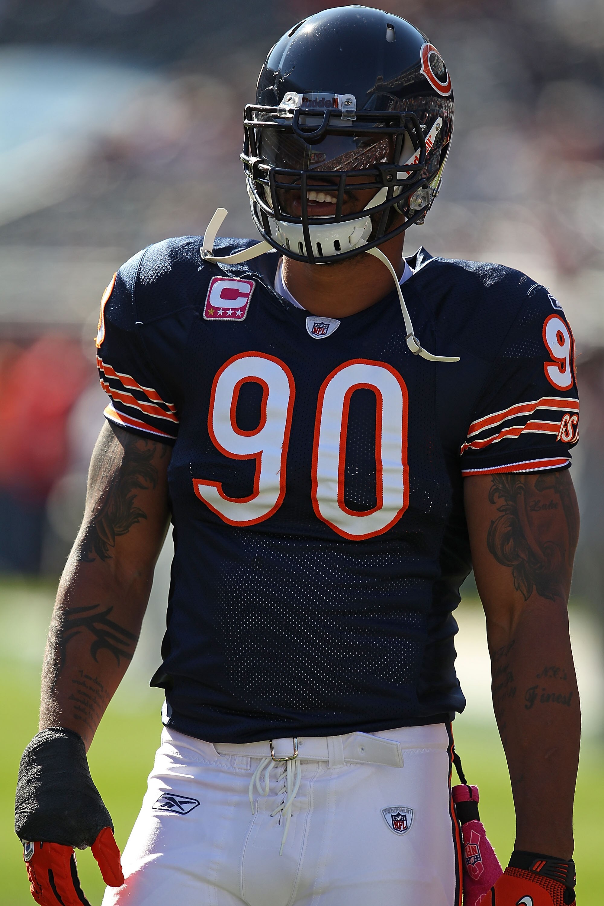 CHICAGO - OCTOBER 17: Julius Peppers #90 of the Chicago Bears participates in warm-ups before a game against the Seattle Seahawks at Soldier Field on October 17, 2010 in Chicago, Illinois. The Seahawks defeated the Bears 23-20. (Photo by Jonathan Daniel/G