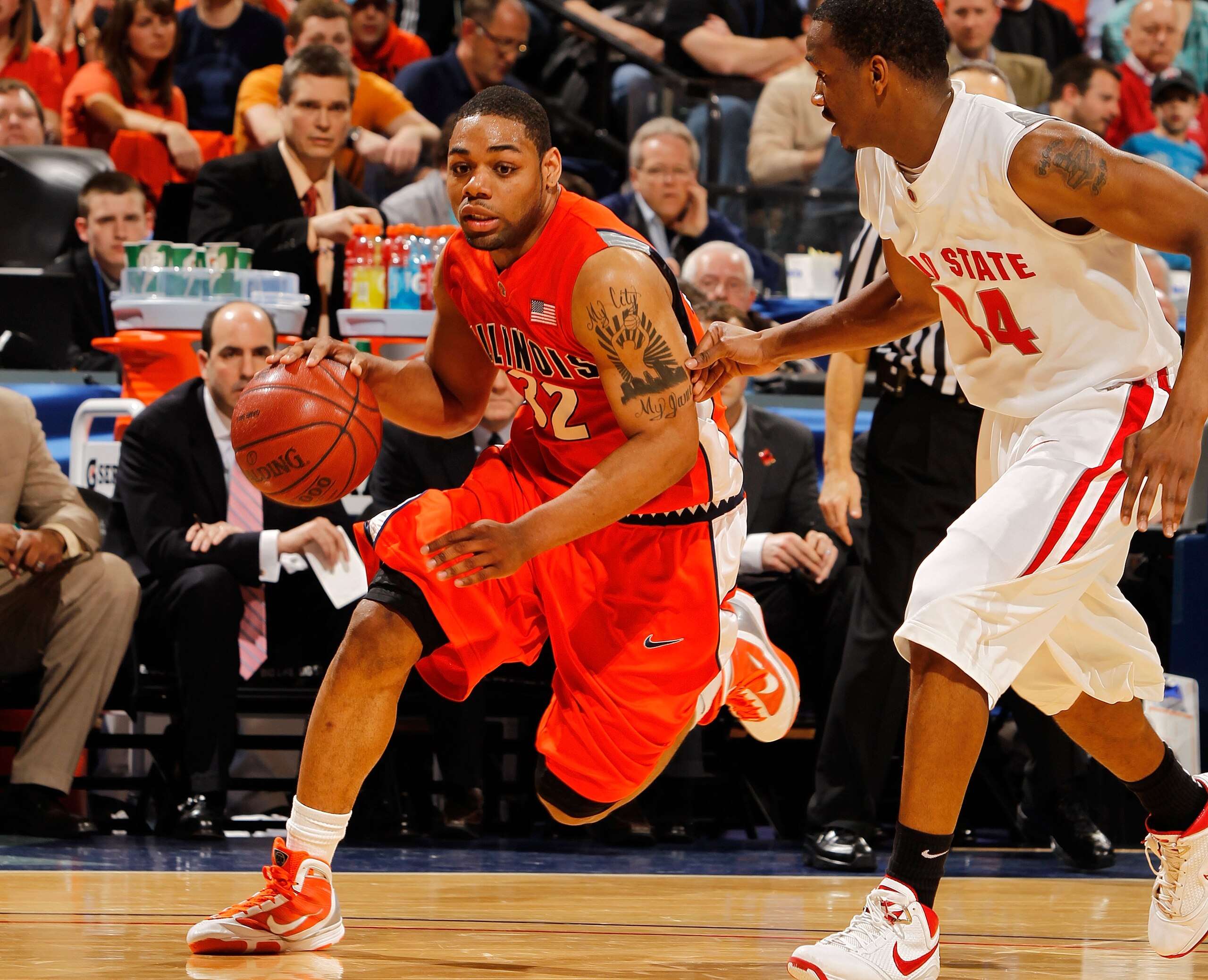 INDIANAPOLIS - MARCH 13: Guard Demetri McCamey #32 of the Illinois Fighting Illini drives with the ball in their 88-81 double overtime loss to the Ohio State Buckeyes in the semifinals of the Big Ten Men's Basketball Tournament at Conseco Fieldhouse on M INDIANAPOLIS - MARCH 13: Guard Demetri McCamey #32 of the Illinois Fighting Illini drives with the ball in their 88-81 double overtime loss to the Ohio State Buckeyes in the semifinals of the Big Ten Men's Basketball Tournament at Conseco Fieldhouse on M