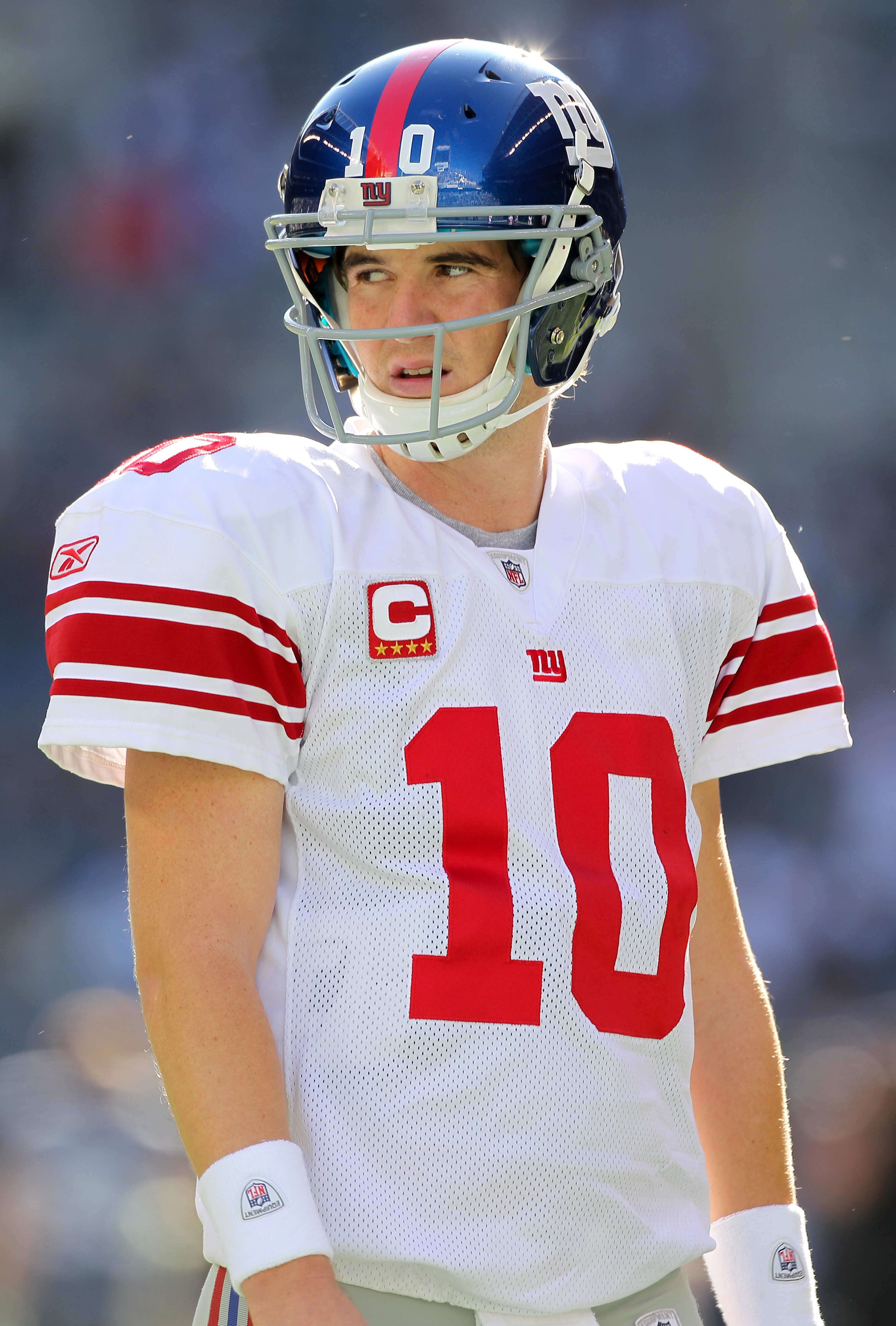 SEATTLE - NOVEMBER 07:  Quarterback Eli Manning #10 of the New York Giants looks on during warmups prior to the game against the Seattle Seahawks at Qwest Field on November 7, 2010 in Seattle, Washington. The Giants defeated the Seahawks 41-7. (Photo by O